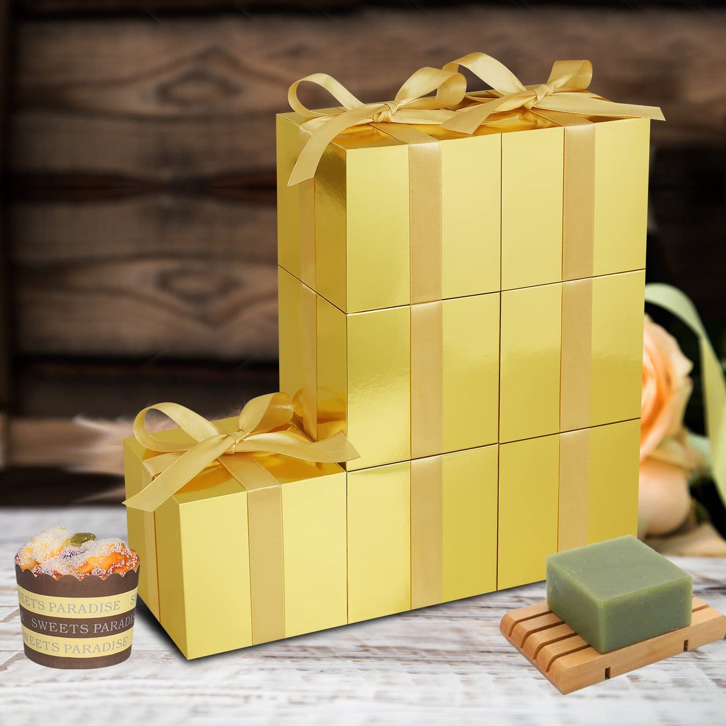 DOYIDE 100 Pack Small Gift Boxes, 4x4x4 Inches Favor Boxes Gold Paper Gift Boxes with Lids for Presents, Crafting, Cupcake Boxes, Gifts, Candy Boxes for Wedding Party Bridal Shower Baby Shower Favors