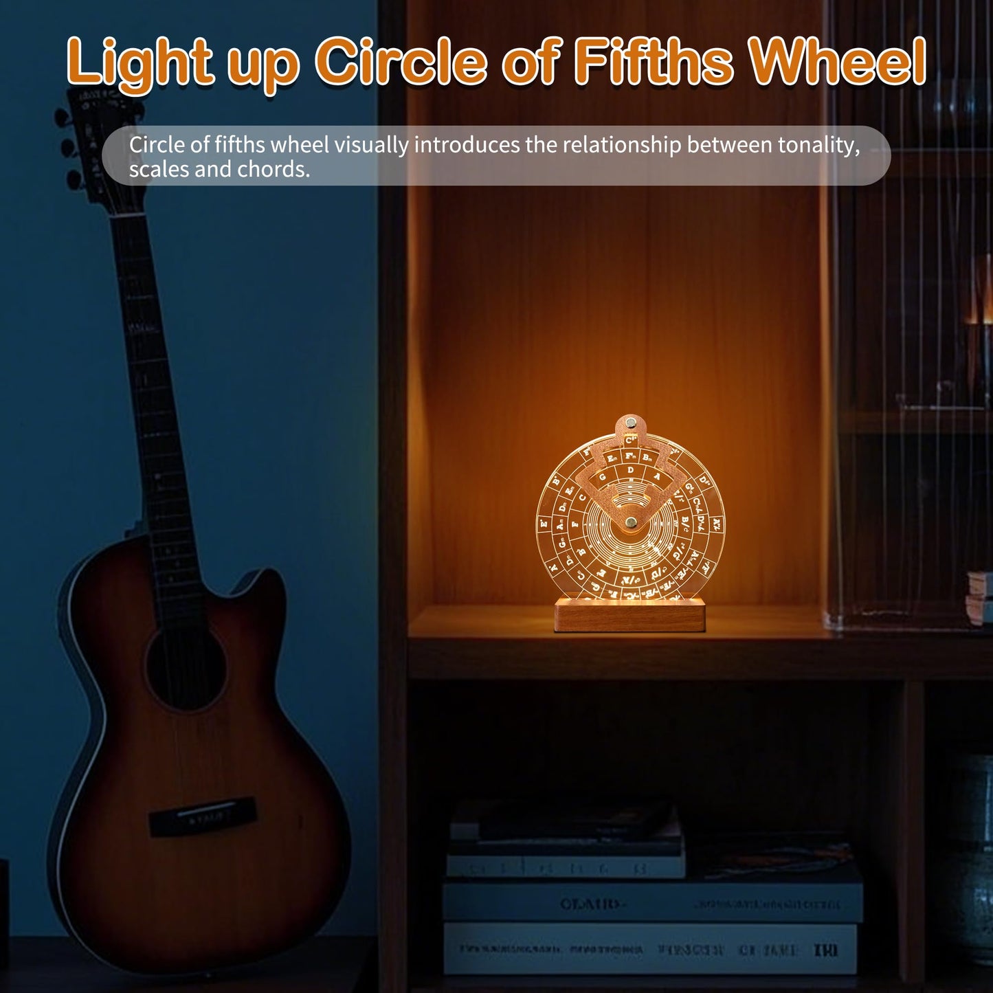 CoolGift Mart Light Up Circle of Fifths Wheel, Acrylic Wooden Chord Wheel Melody Tool with Guitar Pick Holder, Gift for Musical Beginners Musicians for Musical Learning and Songwriting