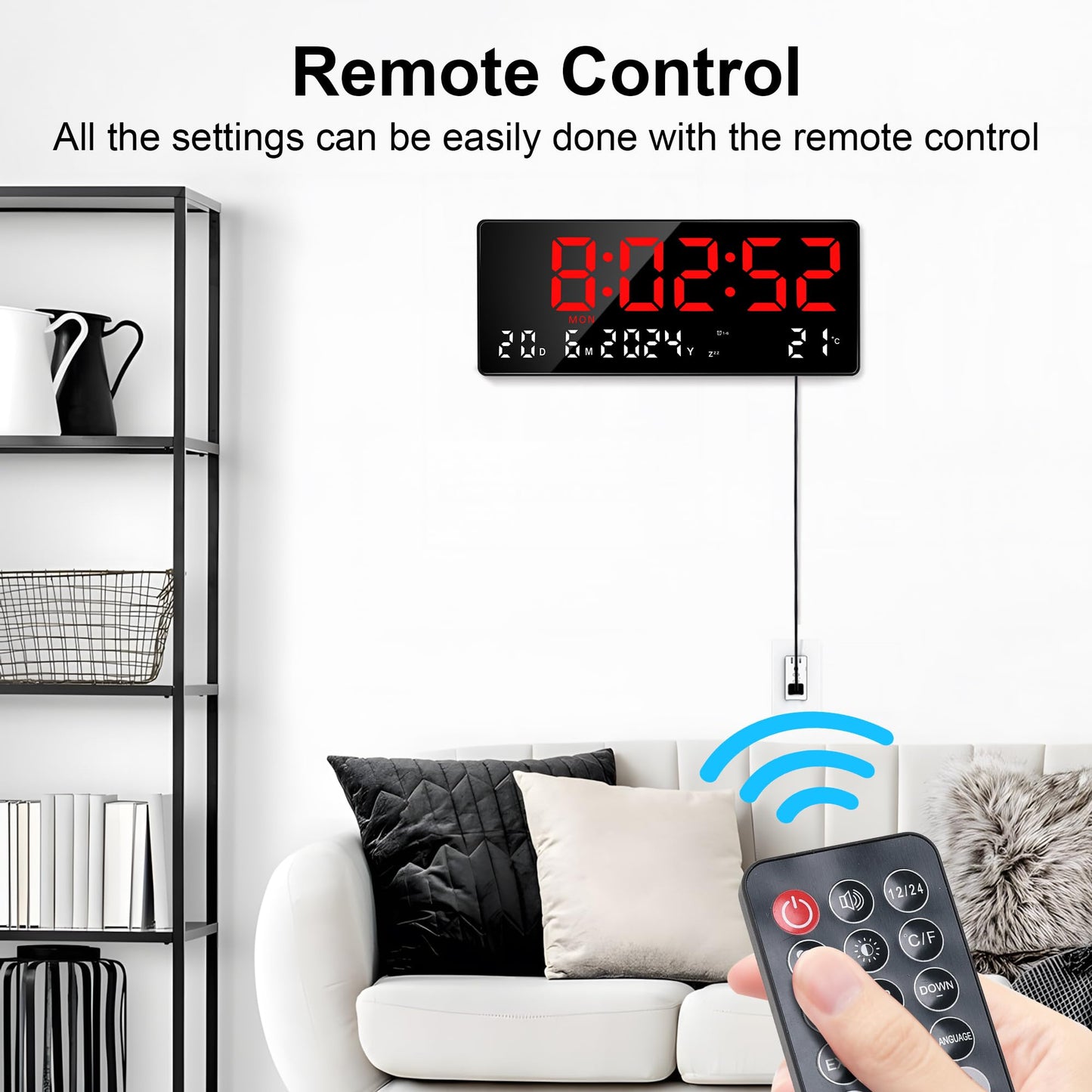 Lafocuse Large Digital Wall Clock 15.5 Inch LED Display, Red Digital Clock Powered by Cord with Remote Control, 2 Alarms, Date, Week, Temperature, Modern Electronic Clock for Living Room Bedroom