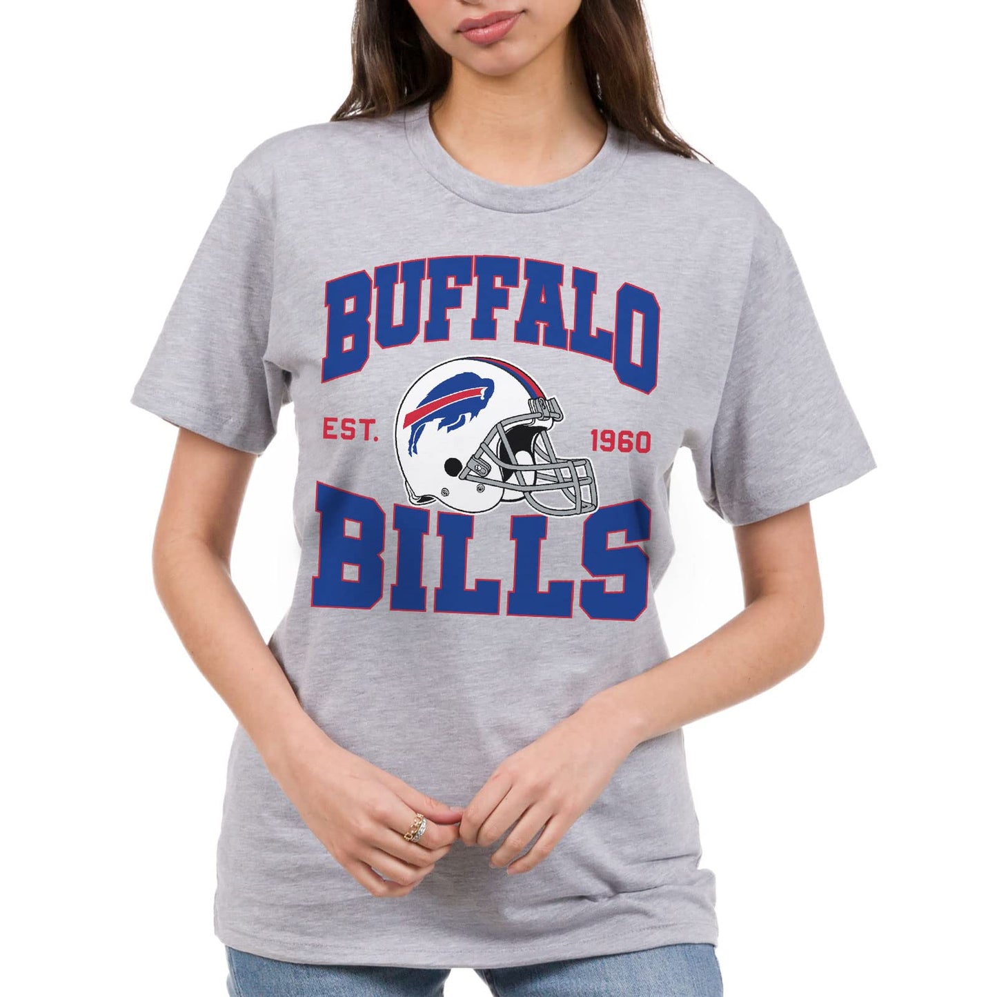 Junk Food Clothing x NFL - Buffalo Bills - Team Helmet - Unisex Adult Short Sleeve Fan T-Shirt for Men and Women - Size Medium Grey