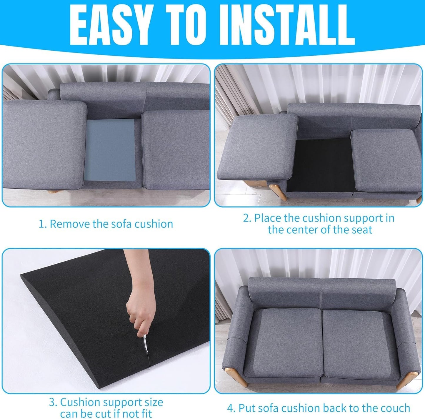 3Pcs Couch Cushion Support for Sagging Seat, 20" x 20" High-Density Foam Sofa Cushion Support for Under The Cushions, Sofa Cushions Replacement for Sectional Sofa (Black-3pcs)