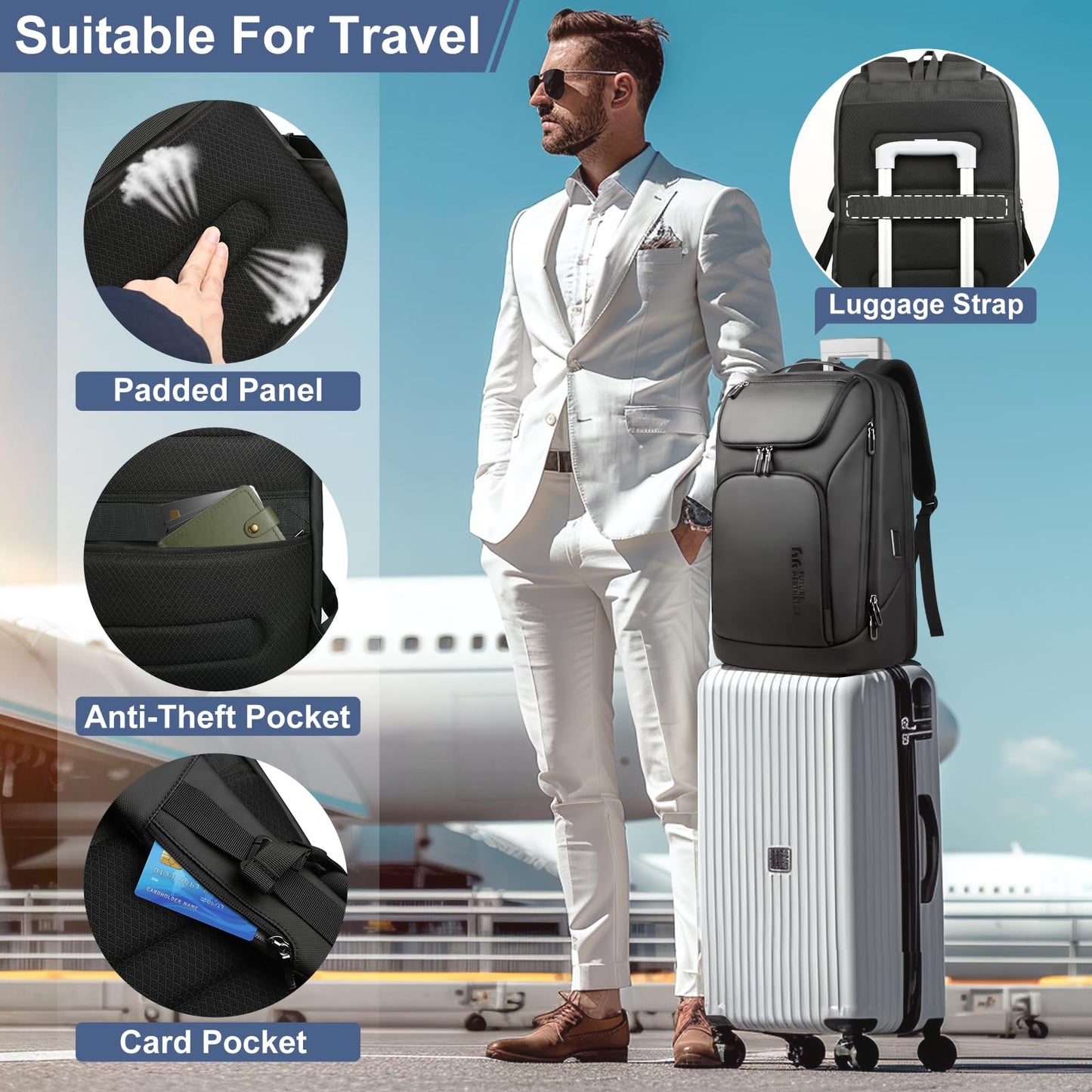 17.3 Inch Business Laptop Backpack for Men, Water-Resistant Anti-Theft Backpack with USB Charging Port, Large Durable Compact 30L Smart Computer Bag for Travel College Work-Black
