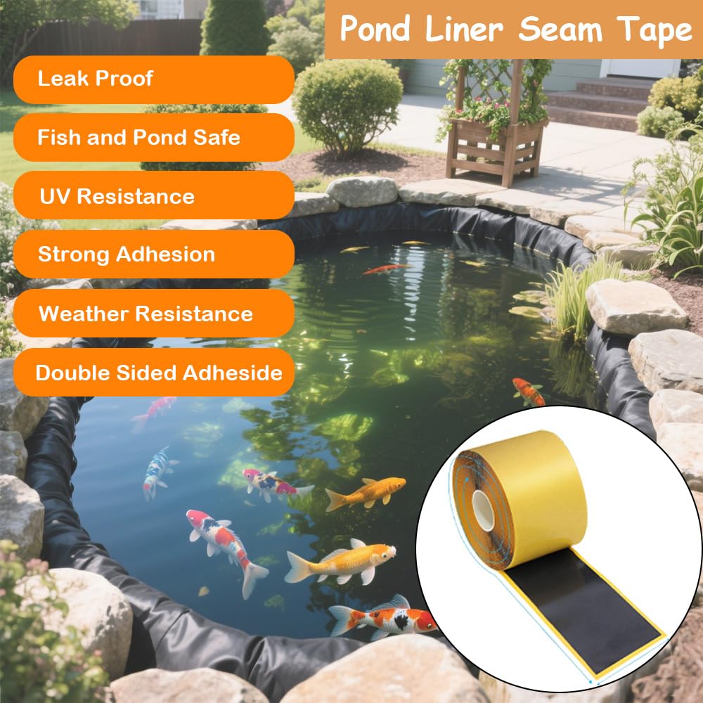 Wenscis 4 Pack Pond Liner Seam Tape Bulk, Total 3" x 131' Double Sided Butyl Adhesive Tape for EPDM Liners, Waterproof Pond Liner Patch Repair Kit for Fish Ponds, Garden Water Features, Pool