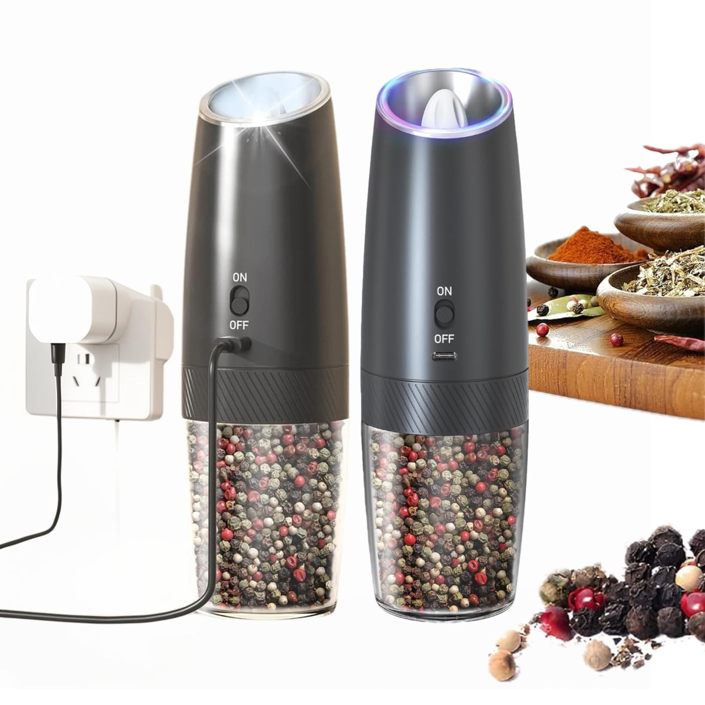 PEIPU Electric Pepper and Salt Grinder, Rechargeable Seasoning Mill，Adjustable Coarseness,with LED Light,One Hand Automatic Operation, Stainless Steel