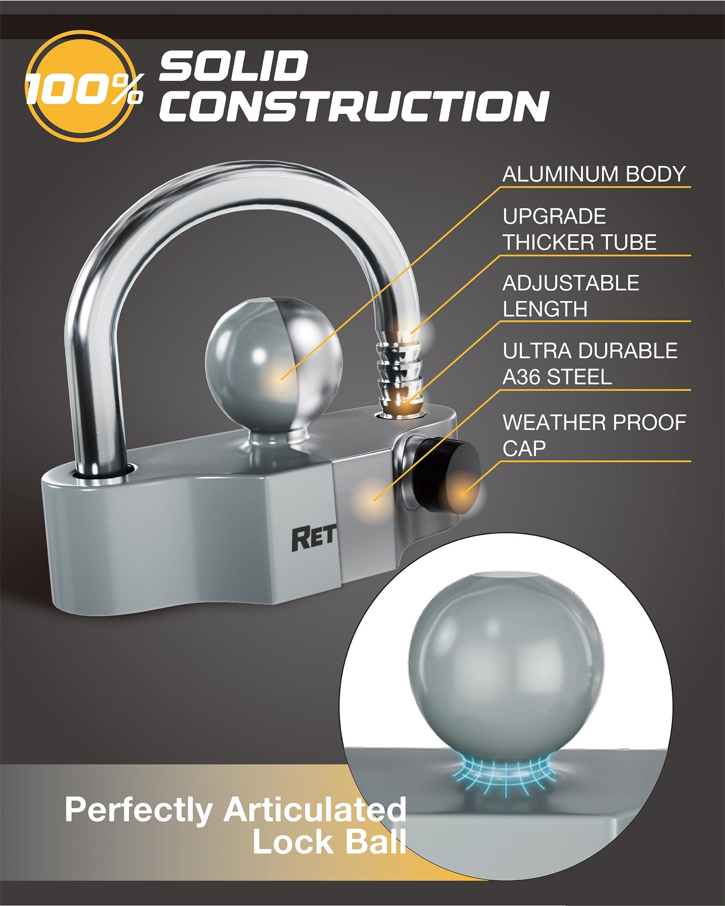 RETRUE Universal Coupler Lock Trailer Locks Ball Hitch Trailer Hitch Lock Adjustable Security Heavy-Duty Steel Fits 1-7/8 Inch, 2 Inch, 2-5/16 Inch Couplers, Grey