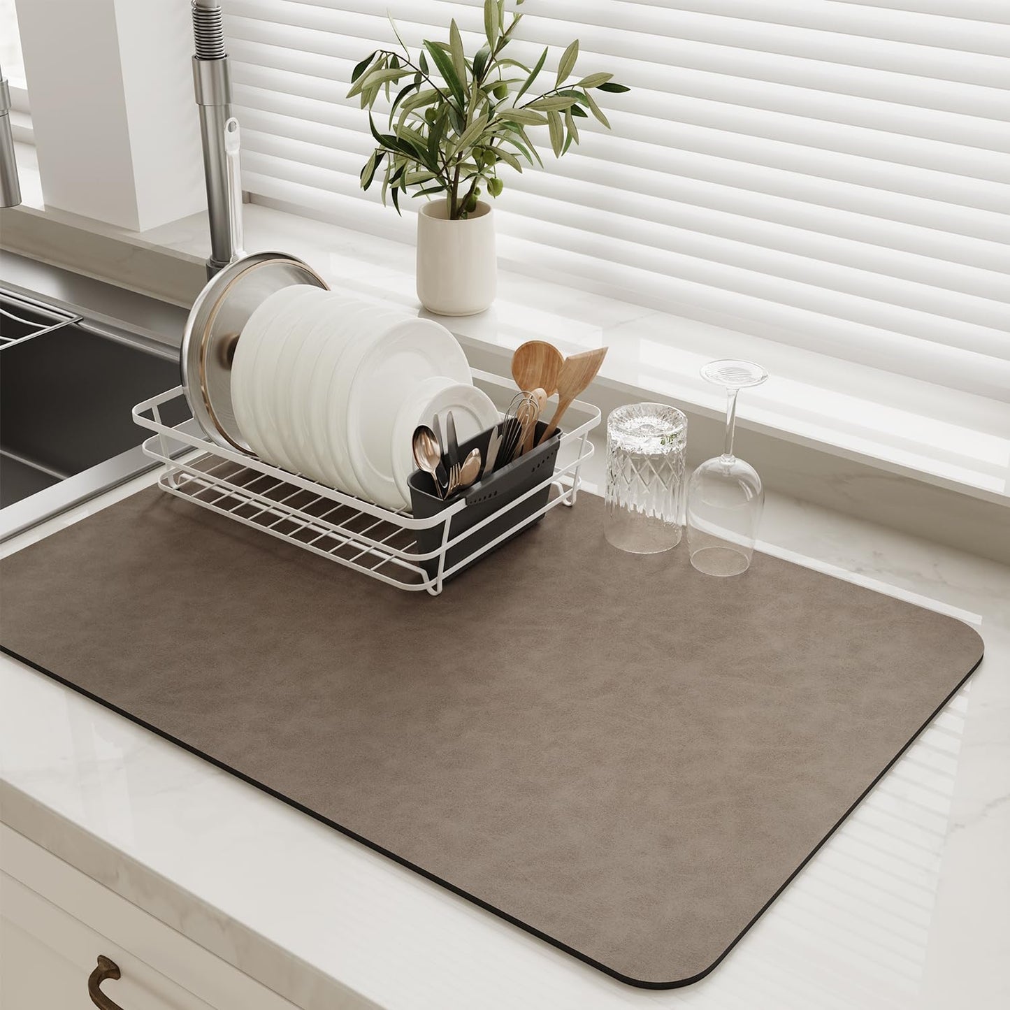 MontVoo-Absorbent Dish Drying Mat-Kitchen Counter Rubber Backed Water Absorbing Drying Mat-Hide Stain Under Dish Mat Quick Dry Coffee Mat-Brown 17''x31''