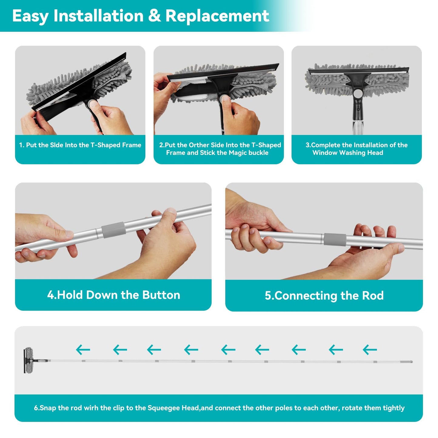 2-in-1 squeegee for window cleaning: 20+ Ft Long Reach cleaner tool with extension pole in home office commercial building Skylight Floor Ceiling Wall Dusting for Homeowner Car Enthusiast DIY Cleaners