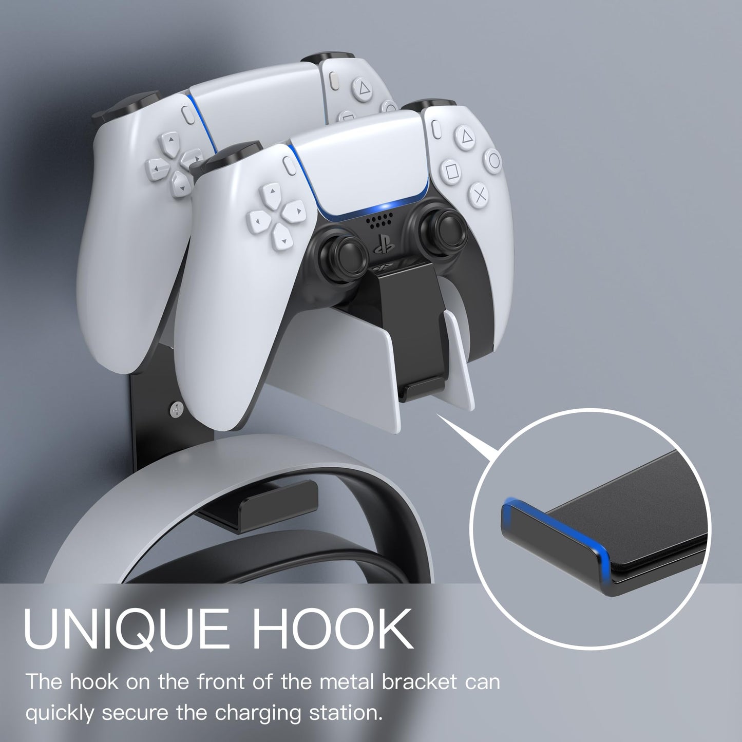 JUSPRO Metal Wall Mount for PS5 DualSense Charging Station - Sturdy Space-Saving Dock Bracket with Headphone Hanger Compatible with PlayStation 5 Controllers