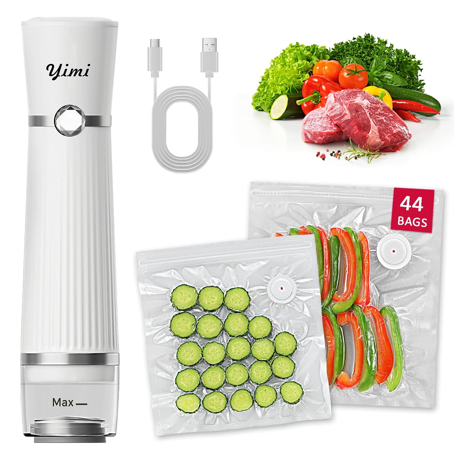 Yimi Vacuum Sealer, Handheld Vacuum Sealer for Food, with 44 Reusable Vacuum Sealer Bags, S, M, L size, Portable Vacuum Sealer with Visual Water Tank, with wireless Rechargeable for Kichen, Camping