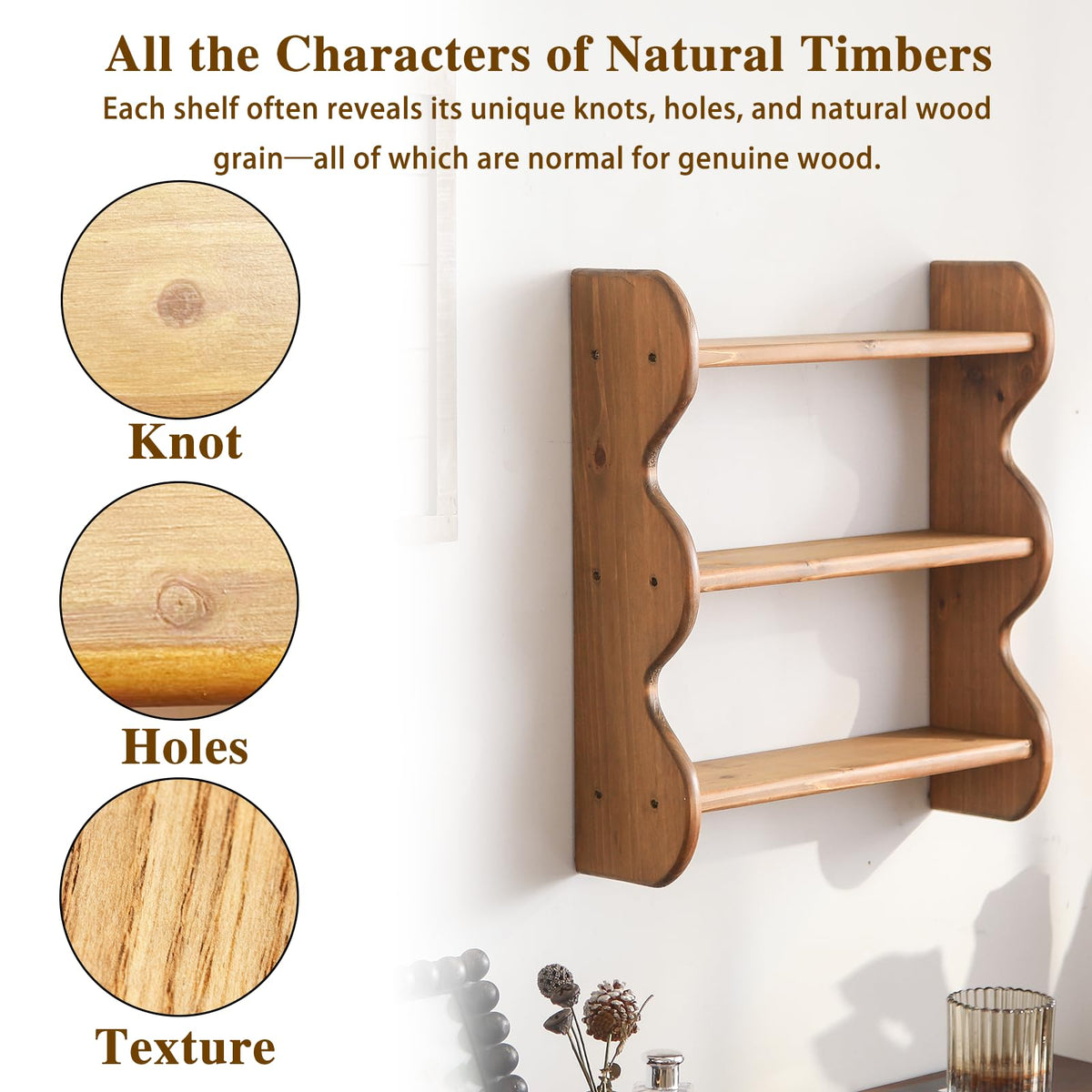 HuiDao 3-Tier Solid Wood Wall Shelf, Rustic Floating Shelves Wall Mounted Storage Rack, Hanging Shelf Display Shelves for Apartment, Living Room and Bedroom