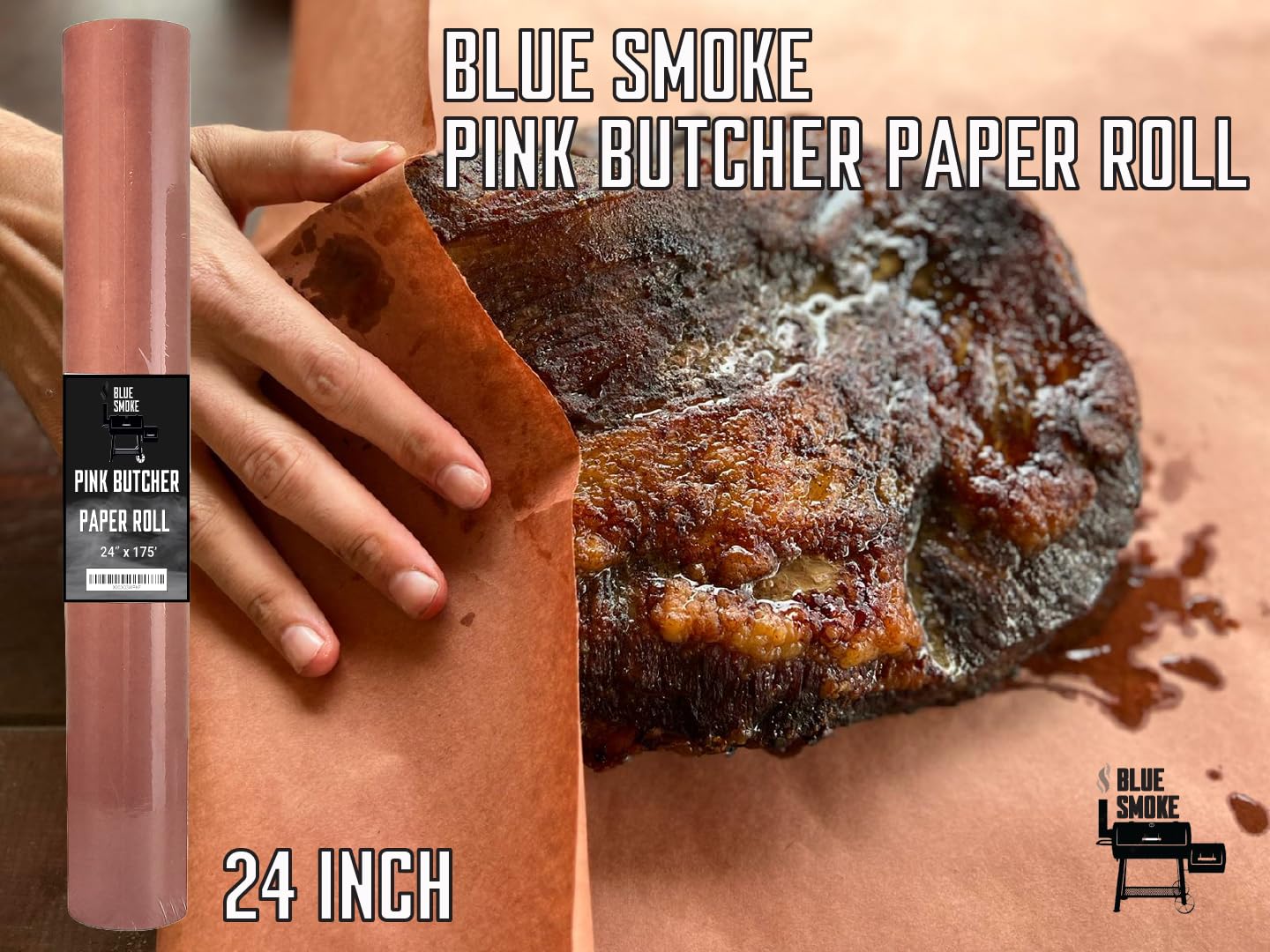 Blue Smoke Extra Wide Pink Butcher Paper Roll (24 inch x 175 feet), Unwaxed, Uncoated, Food Grade Kraft Paper Roll, Craft Paper roll, for Smoking Meat, Peach Butcher Paper, Wrapping Paper, BBQ Paper