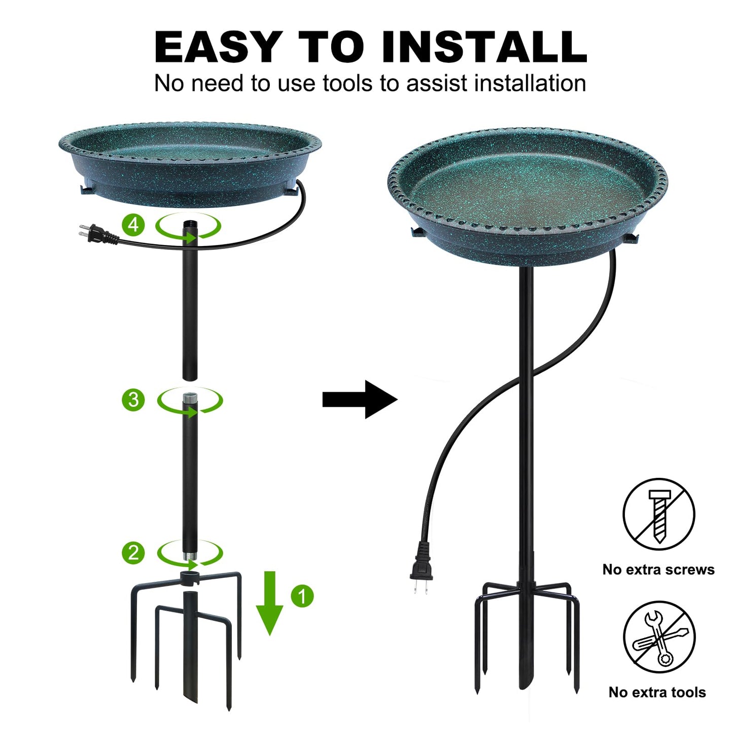 BIRD WISH Heated Bird Bath, Stable 5-Prong Metal Base Thermostat Control Weather Resistance All Seasons Available 75W Heated Bird Baths for Outdoors for Winter Garden Yard Patio Lawn, Spotted Green