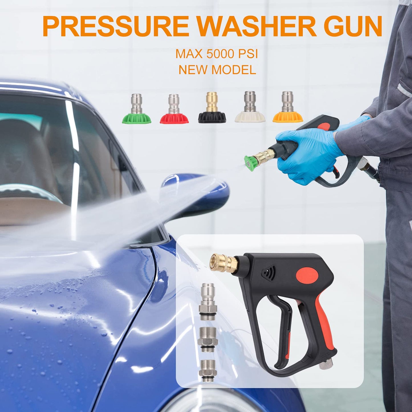 WEOSMIRA High Pressure Washer Gun 5000PSI, Swivel,Car Wash Spray Gun with 5 Nozzles Tips, with 1/4" Quick Connector, Inlet 3/8" Quick Connect, M22-14mm and M22-15mm, 3 Adapters Included