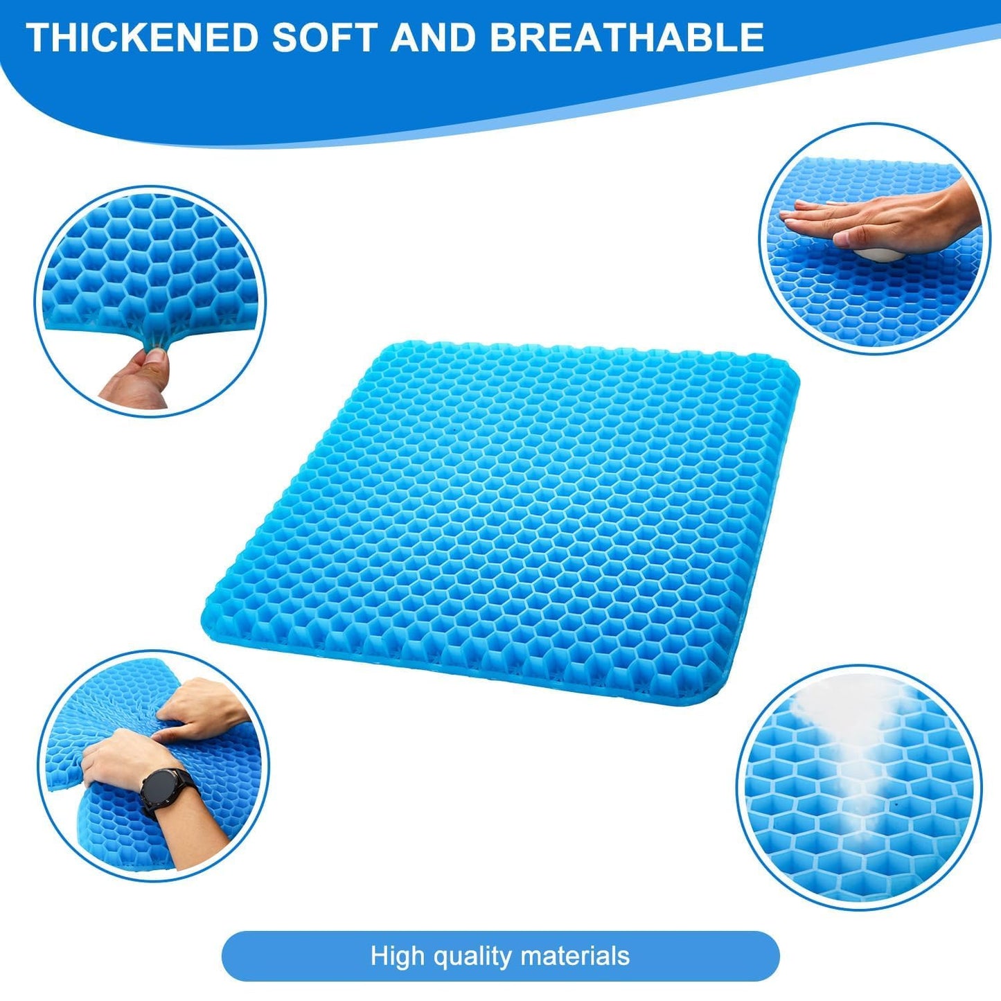 Gel Seat Cushions for Long Sitting with Handle,Seat Pads for Back Sciatica Tailbone Pain Pressure Relief with Non-Slip Cover,Chair Pads for Car Seat Driver,Office Desk,Wheelchair -Blue- 45 x 45cm