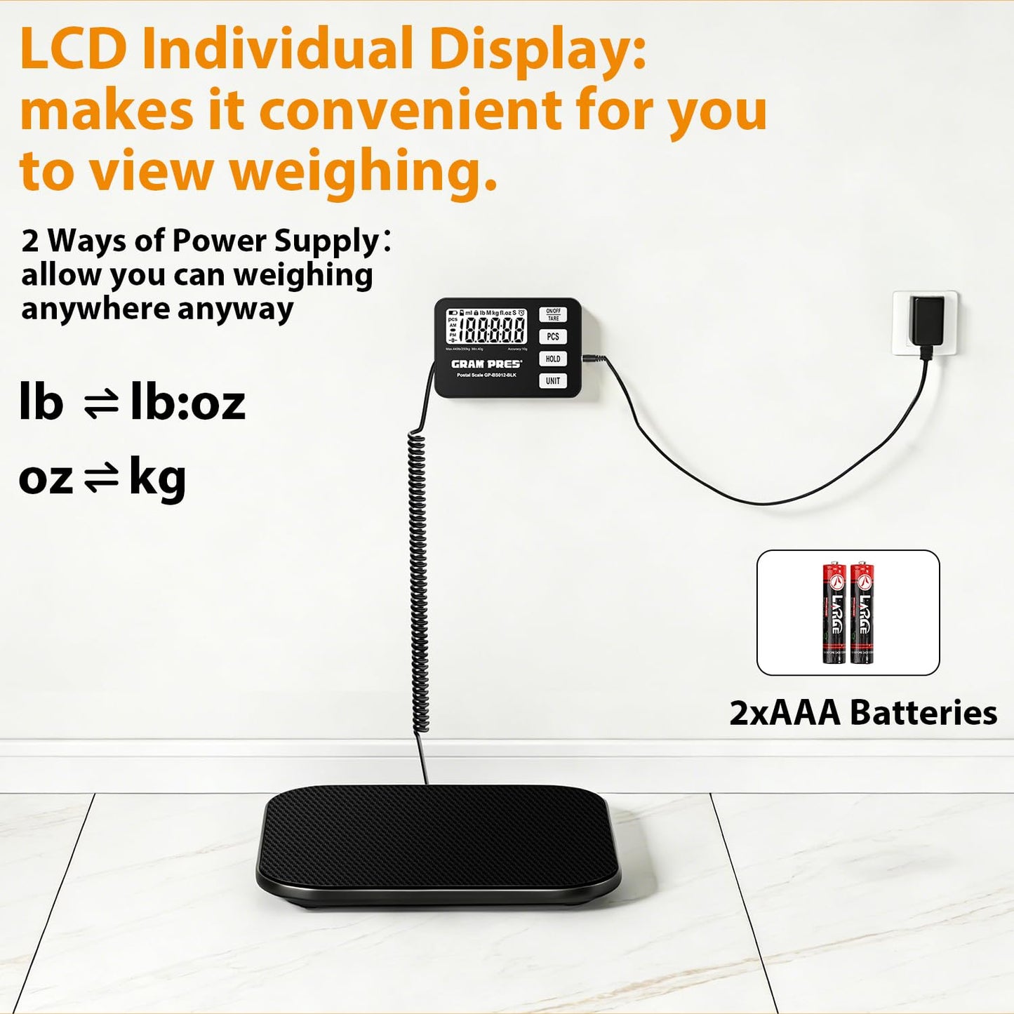 GRAM PRES Shipping Scale 440 lbs/10g Highly Accurate Digital Postal Scale with Hold/Tare/Pcs LCD Display for Packages/Luggage/Post Office/Dog Battery & USB Cable Included