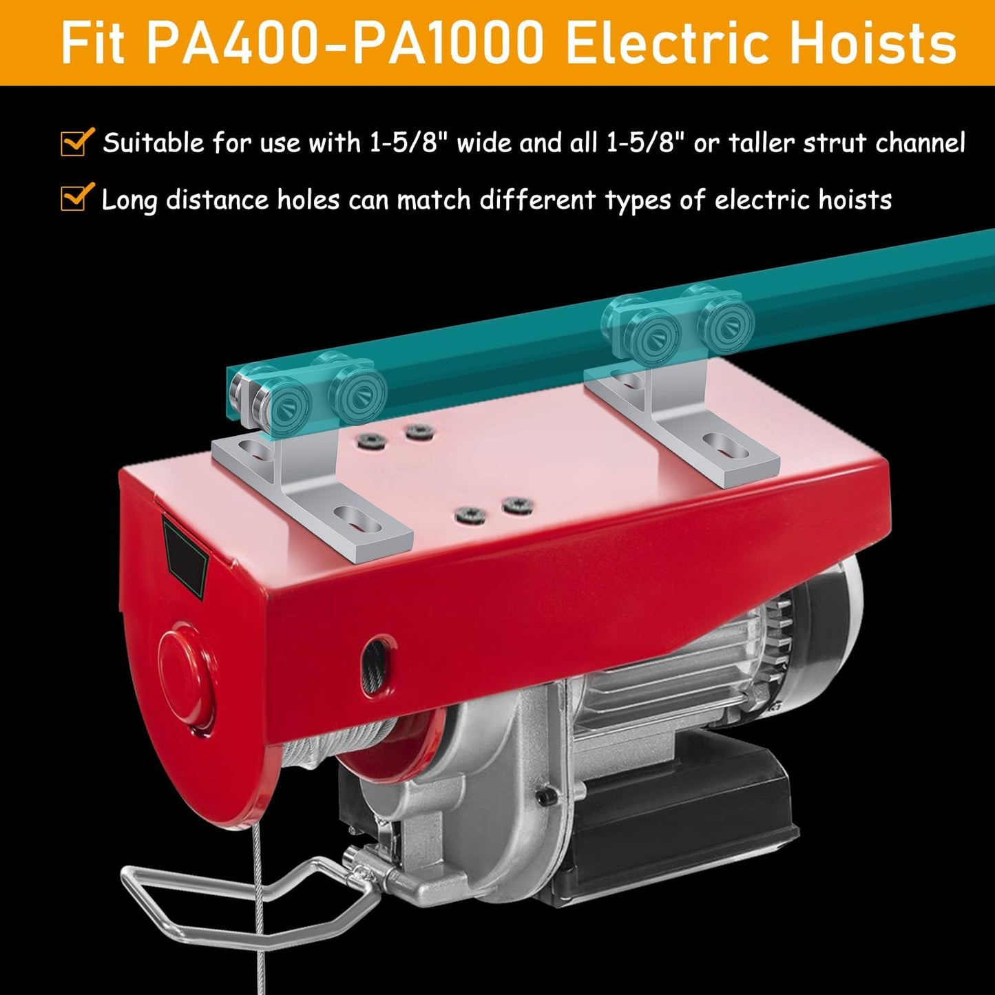 2 Pcs Electric Hoist Roller Trolley 4 Wheel Trolley Assembly for Use with 1-5/8" Wide and All 1-5/8" or Taller Strut Channel, 4 Bearing/Pulleys Support Trolley Assemblies for PA400 to PA1000