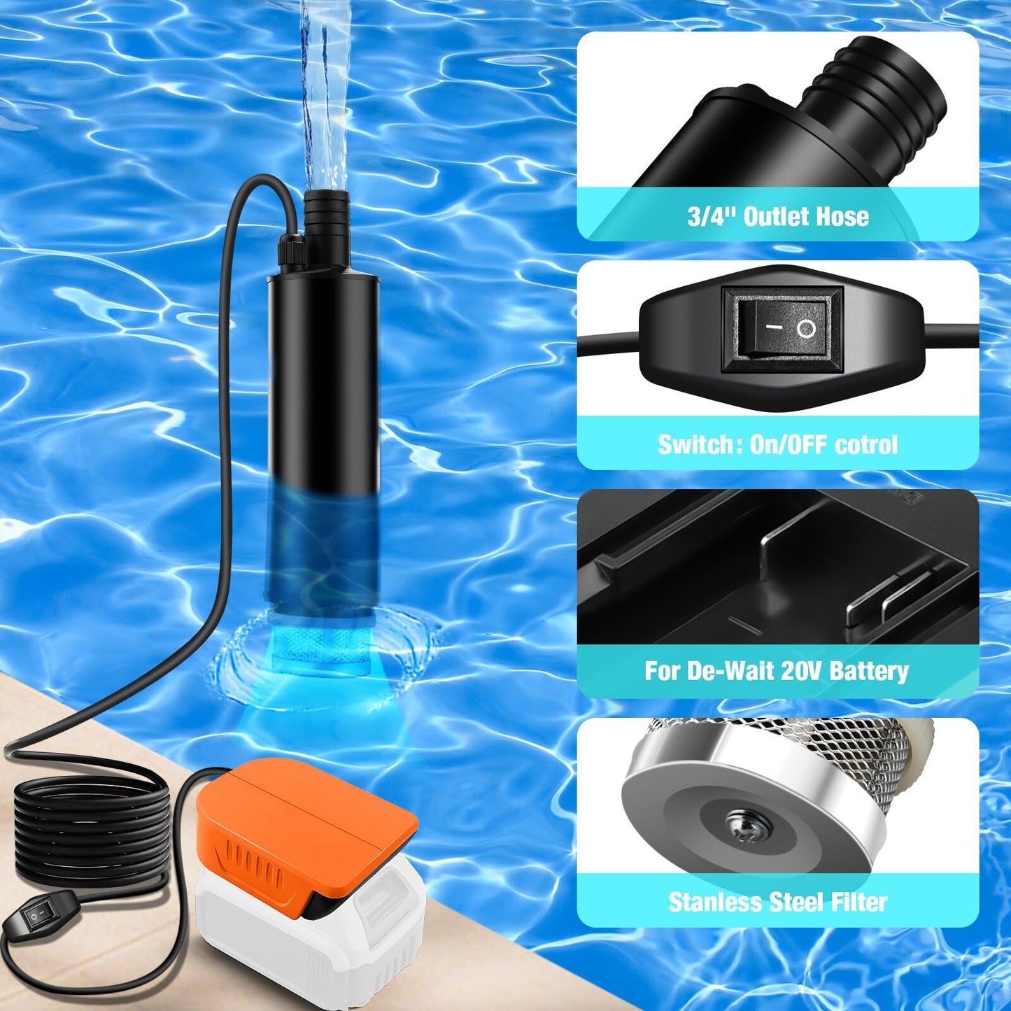 Cordless Submersible Water Pump for Dewalt 20V/60V Battery,635GPH Portable Transfer Water Pump for Camping Tub Garden RV Pond Draining Job Sites(No Battery)