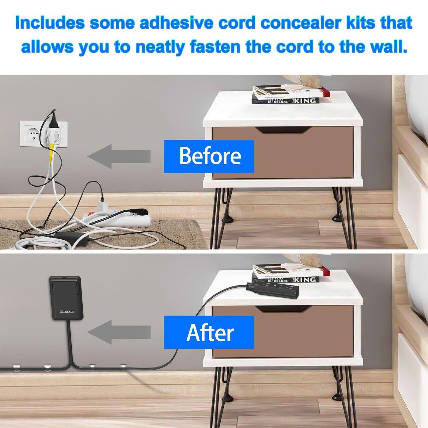 6FT Ultra Flat Plug Dual Extension Cord with 6 Outlets, Ultra-Thin Outlet Cover Power Bar, Outlet Concealer Universal Size Flat Plug Power Strip, Child & Pet Safe, 1625W, Black