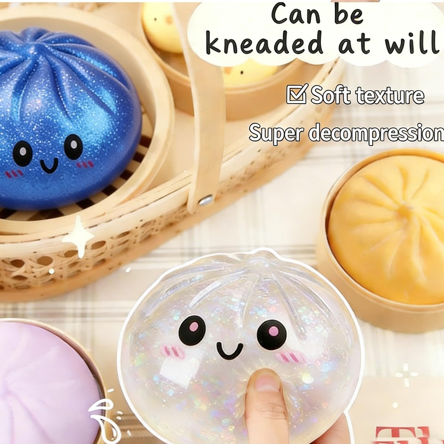 Dumpling Squishy Toy, 2PC Mystery Dumpling Squishy with Box, Glitter Squishy DumplingToy, Soft Squishy Stress Relief & Rebounding Sensory Fidget Toy for Adults