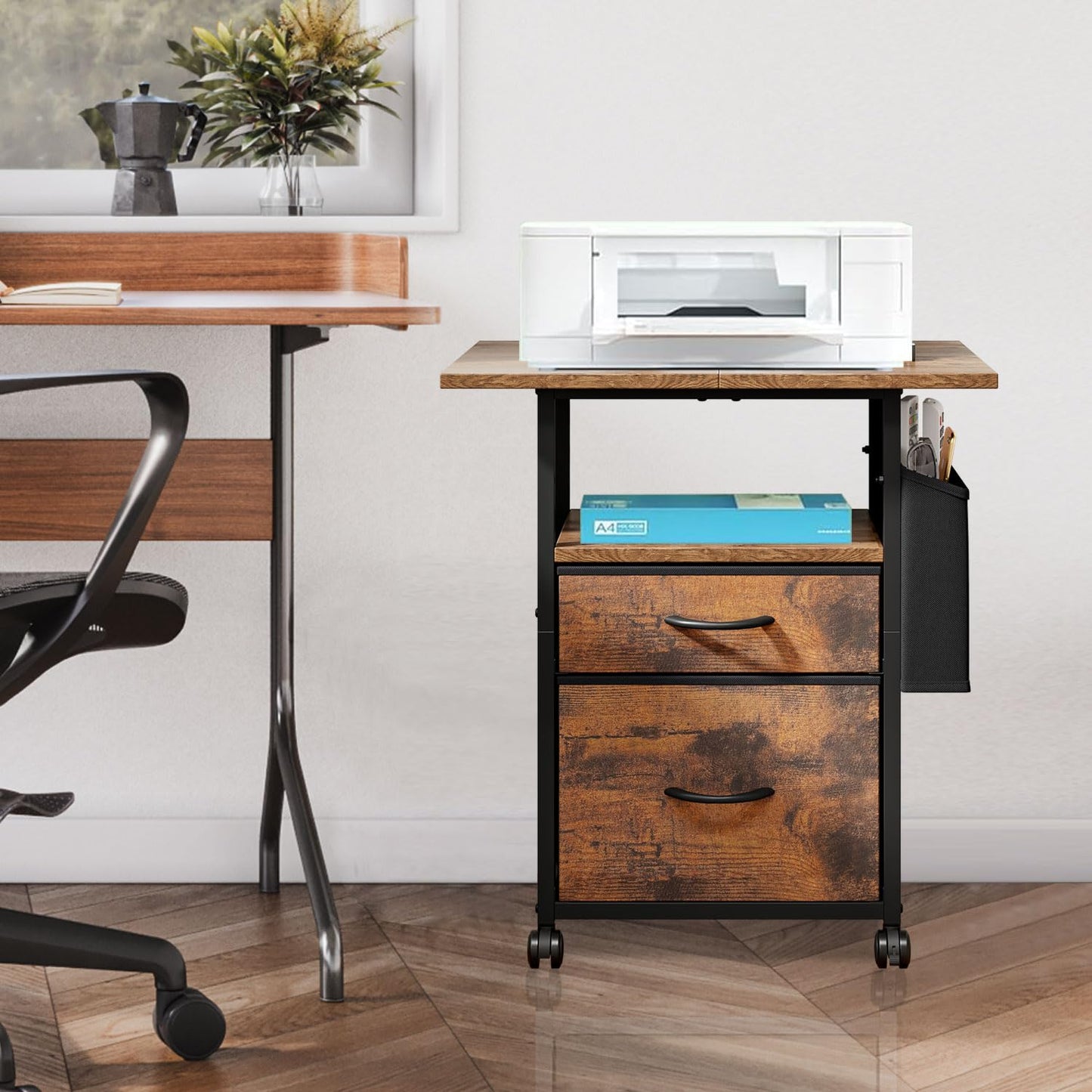 CAVSOIR File Cabinet with 2 Fabric Drawers, Mobile Filing Cabinet Printer Stand for Home Office, 3-Tier End Table Desk Night Stand Bedside Table for Bedroom (Rustic Brown)