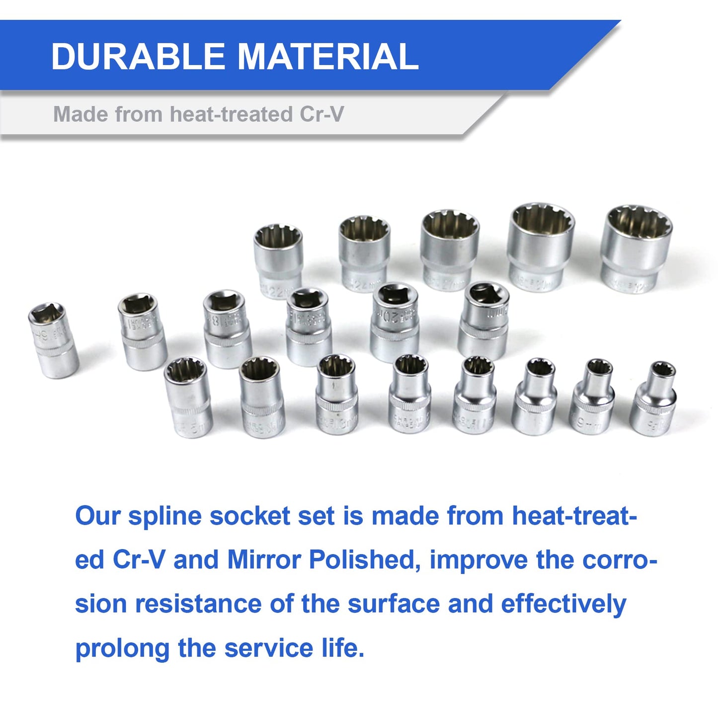 19 Pcs Spline Socket Set Metric, 12 Point Cr-V Socket Set, 1/2" Drive 8-32mm Spline Tool with Enhanced Storage Case