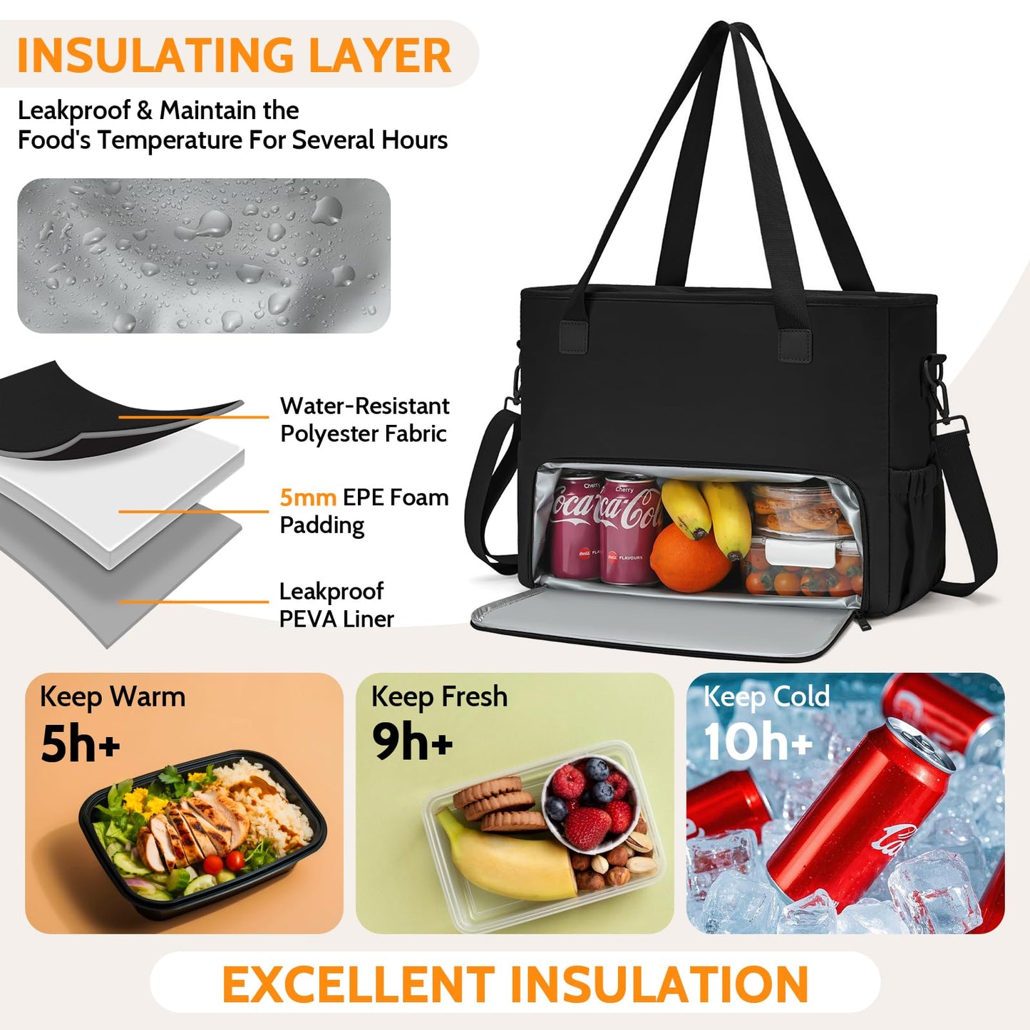 Lunch Bag for Women, Tote Bag with Insulated Lunch Compartment, Non-Leather Water-Resistant Polyester Laptop Bag, Large Capacity & Cup Holder, Casual Work Tote for Teacher, Nurse, Travel, Daily, Black