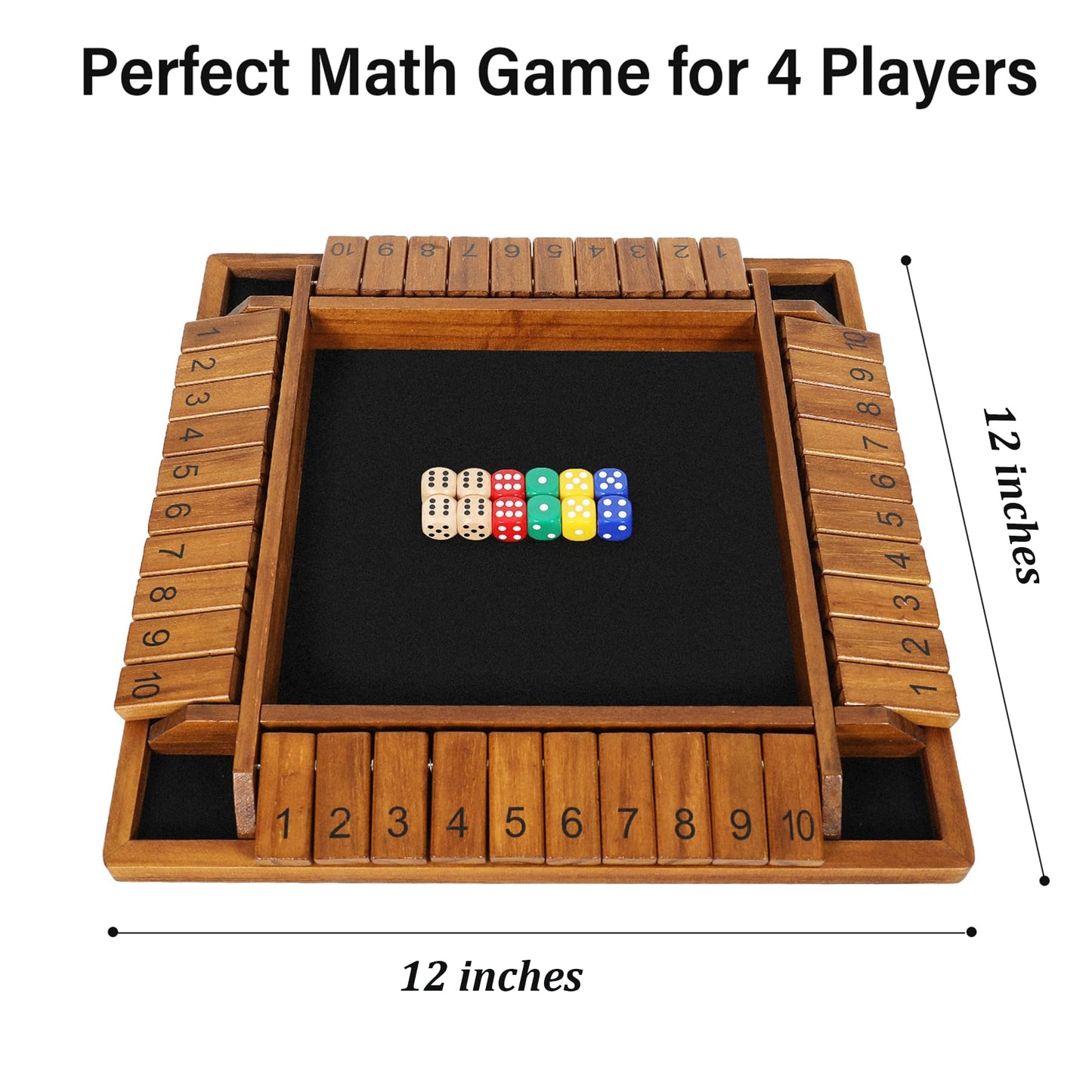 VAMSLOVE 12 inches Shut The Box Dice Game Wooden Board for 2-4 Player, 4 Sided 10 Numbers Math Games with 8+4 Dices Close The Box for Kids Adults(Instructions Included)