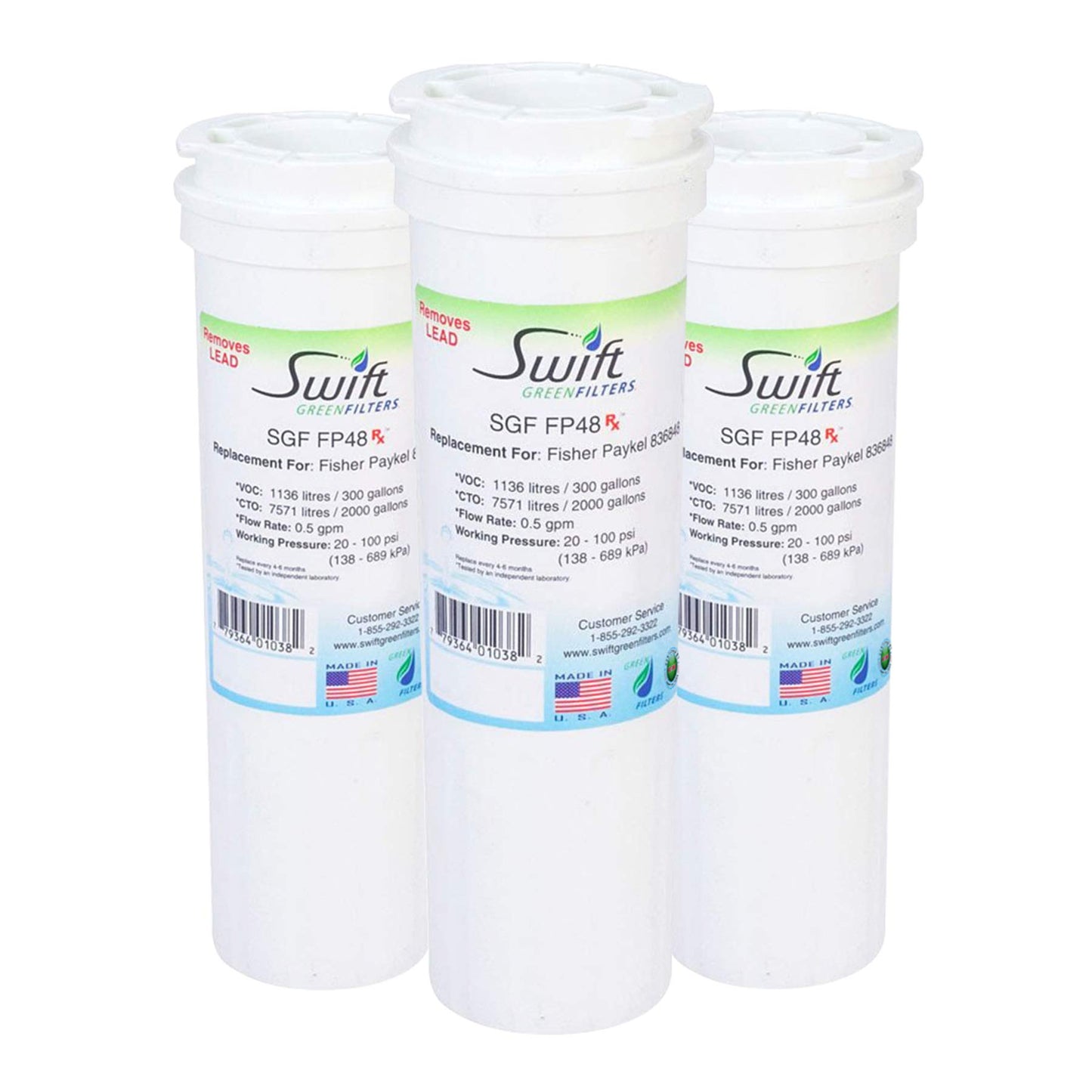 Swift Pharmaceutical Water Filter(SGF Rx) SGF-FP48 Rx Pharmaceutical Replacement Water Fisher&Paykel 836848,WF296,EFF6017,67003662 by Swift Green Filters (3pack), 3 Pack, White, 3 Piece