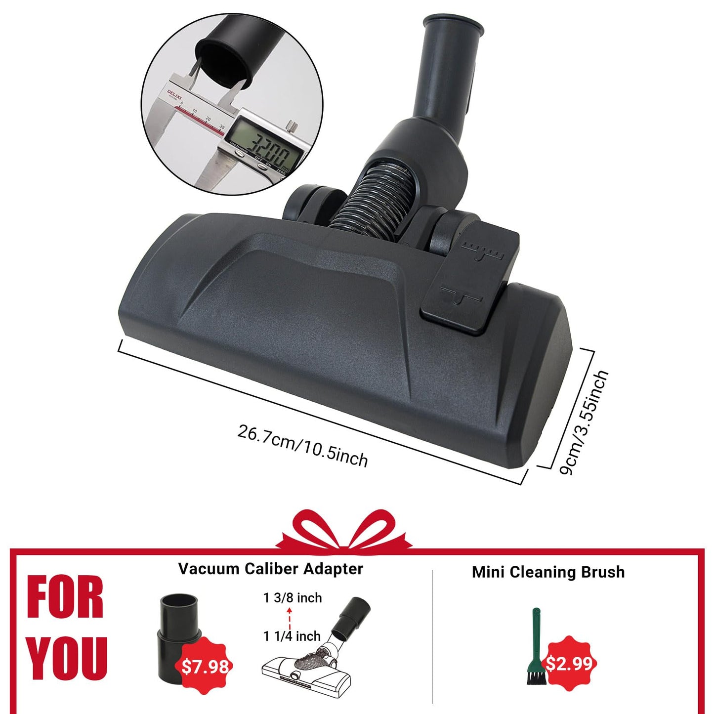 EZ SPARES Universal Vacuum Cleaner Floor Brush Head,32/35mm Attachment for Hard Floor and Carpet, 2-in-1 Combo Tool with Swivel Neck and Rolling Wheels, Vacuum Replacement Parts (Black)