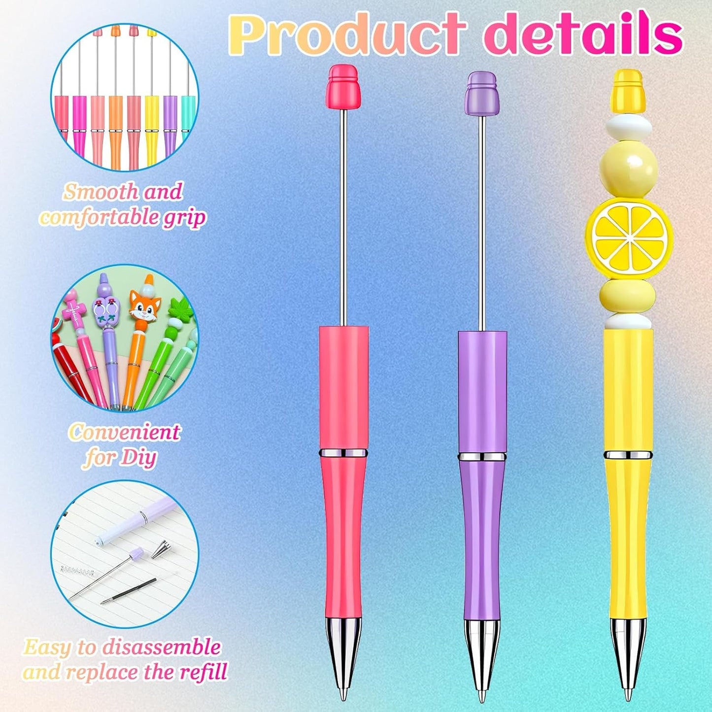 100 Pcs DIY Beadable Pens, Plastic Ballpoint Pens Bulk, Bead Pen with 100 Extra Refill Black Ink for Making Gift Students School Office Supplies (Multicolor)