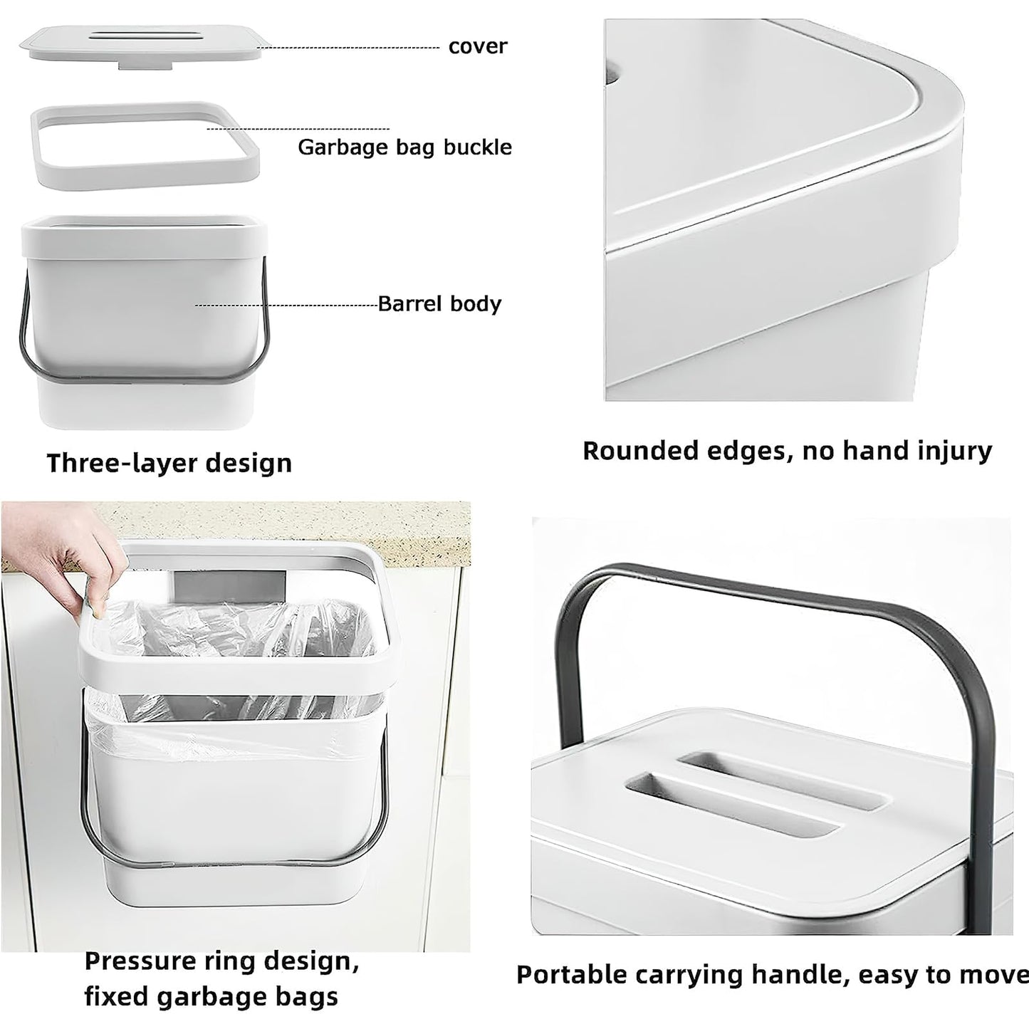 Compost Bin for Kitchen, 1.8 Gallon Hanging Small Trash Can with Lid, Sealed Food Waste Bucket for Counter Top or Under Sink, Indoor Garbage Bins for Bathroom, Bedroom, Living Room, Office (Black)