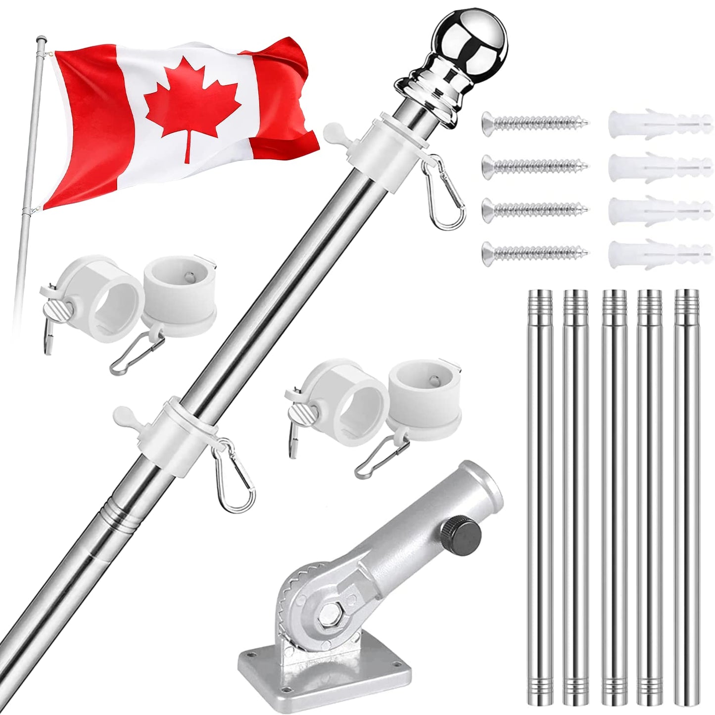 6FT Flag Pole Kit - Flag Poles for Outside with 180 Degree Adjustable Bracket, Heavy Duty Flag Pole Bracket Stainless Steel Portable Adjustable Flag Pole Kit for Truck Porch Garden Yard House