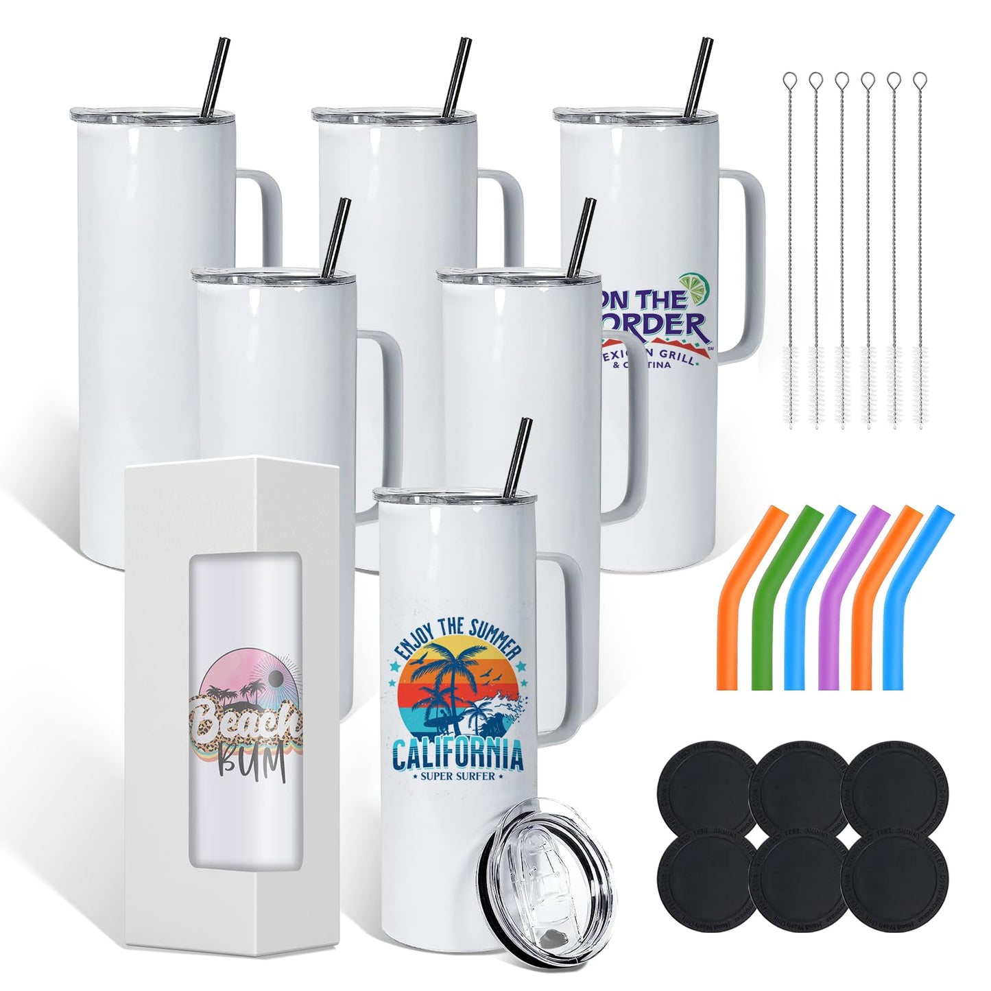 BetterSub 6 Pack 20oz Sublimation Tumblers with Handle – Double Wall Vacuum Insulated Stainless Steel Skinny Mugs, Lid & Straw Included, DIY Blank for Hot/Cold Drinks (6Packs 20oz)
