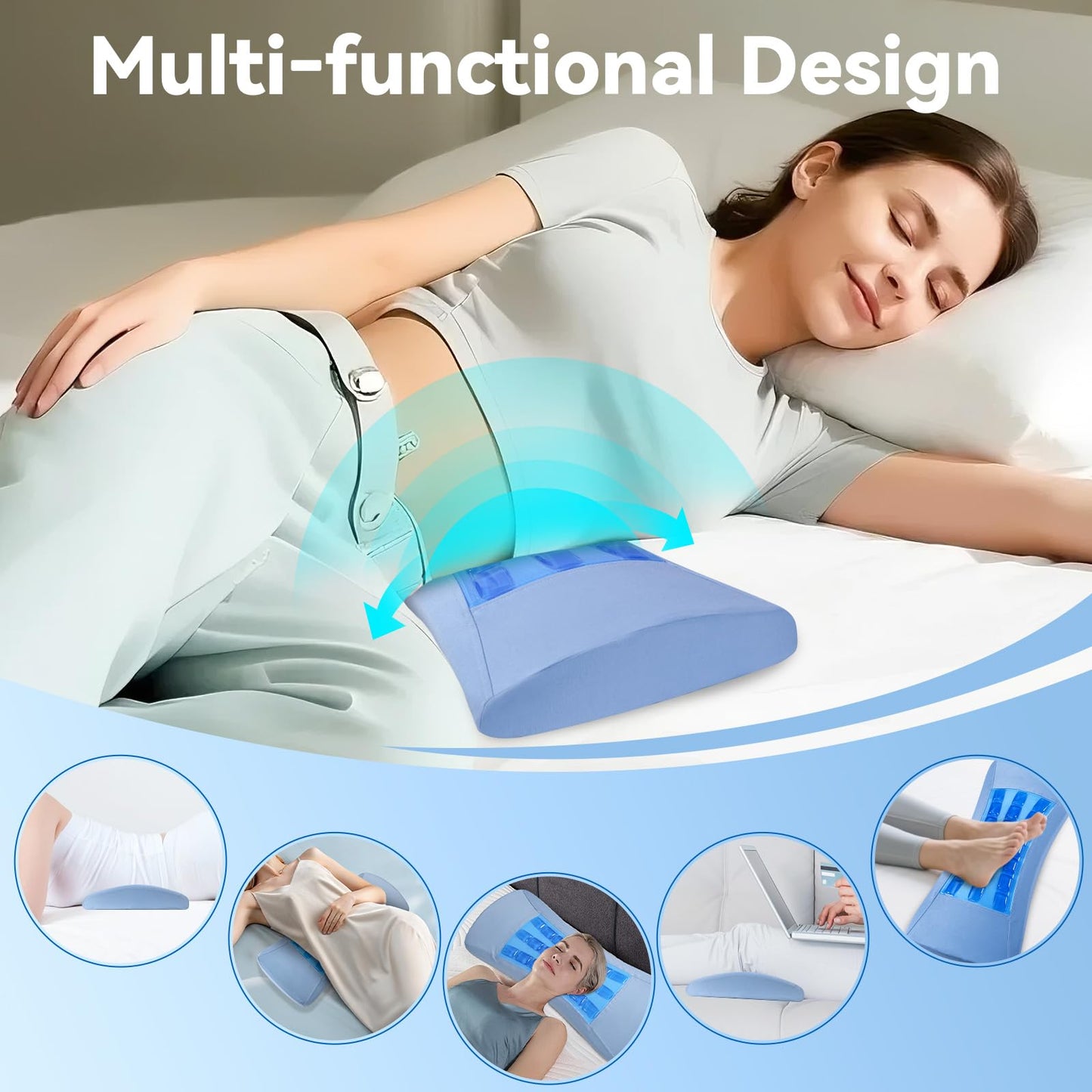 Lumbar Support Pillow for Sleeping, Memory Foam Lower Back Pillow with Cooling Gel, Ergonomic Back Support for Side & Back Sleepers, Removable Breathable Cover for Bed, Sofa & Car