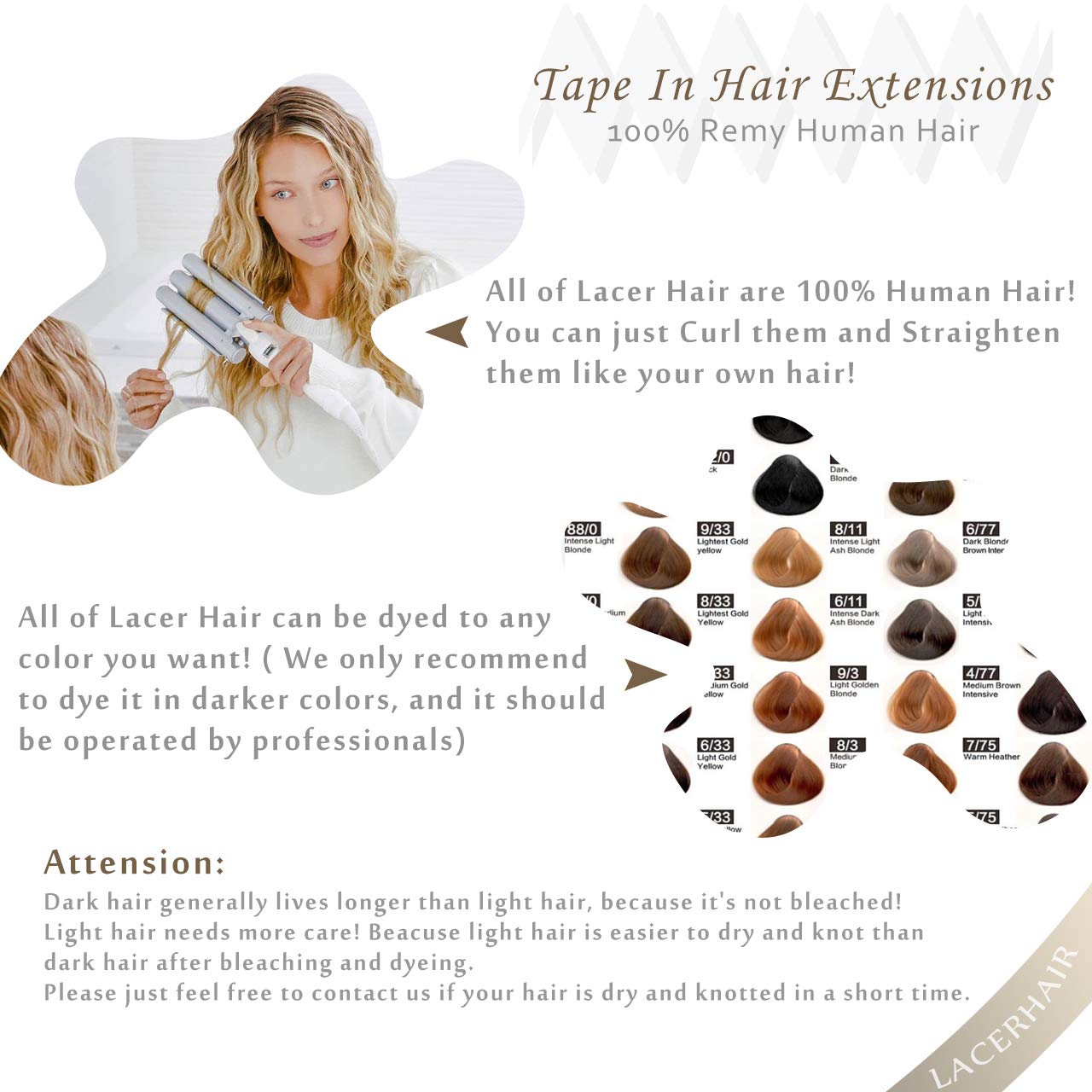 Lacer Hair Natural Hair Remy Tape in Human Hair Extensions #8G/60A Light Ash Brown to Light Platinum Blond Dip Dyed Seamless PU Skin Weft Real Remy Invisible Hair Double Side 50g 20pcs 18inch