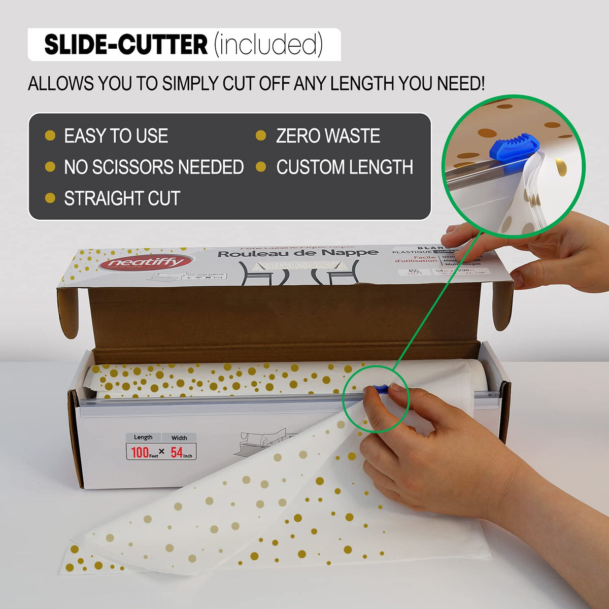 Neatiffy Disposable Plastic Table Cloth Roll | Waterproof Tablecloth | Table Cover for Rectangle, Square, Round Oval Tables | Picnic, Party, Banquet, Birthdays, Weddings (White with Golden dots)
