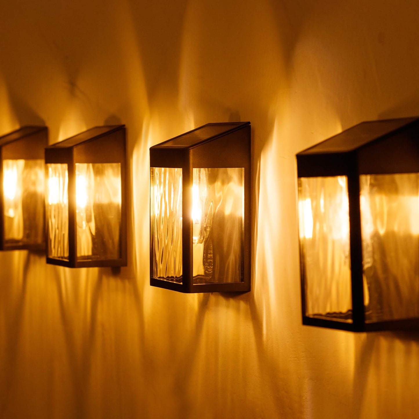 Solar Wall Light Outdoor, 4 Pack Solar Fence Lights with Auto On/Off, Waterproof, Dusk to Dawn Porch Lights Fixture for Wall Patio Porch Hallway Stairs Backyard Entryway Front Door, Warm White