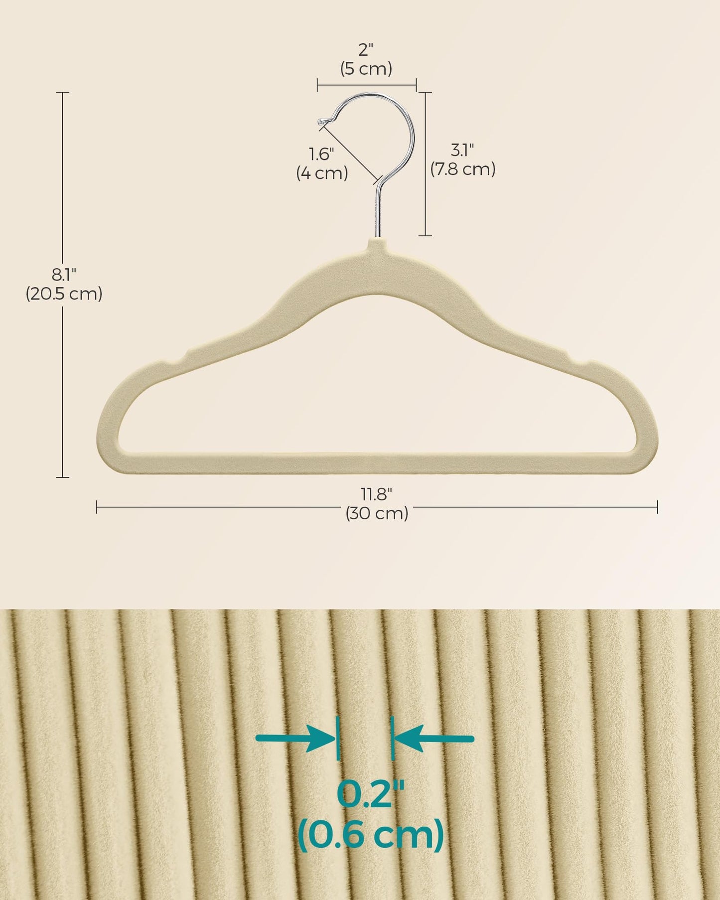 SONGMICS Baby Kids Hangers 50 Pack for Closet, 11.8 x 8.1 Inches, Silver 360° Swivel Hooks, Space-Saving Clothes Velvet Hangers for Nursery, Non-Slip, Summer Sand UCRF027K05