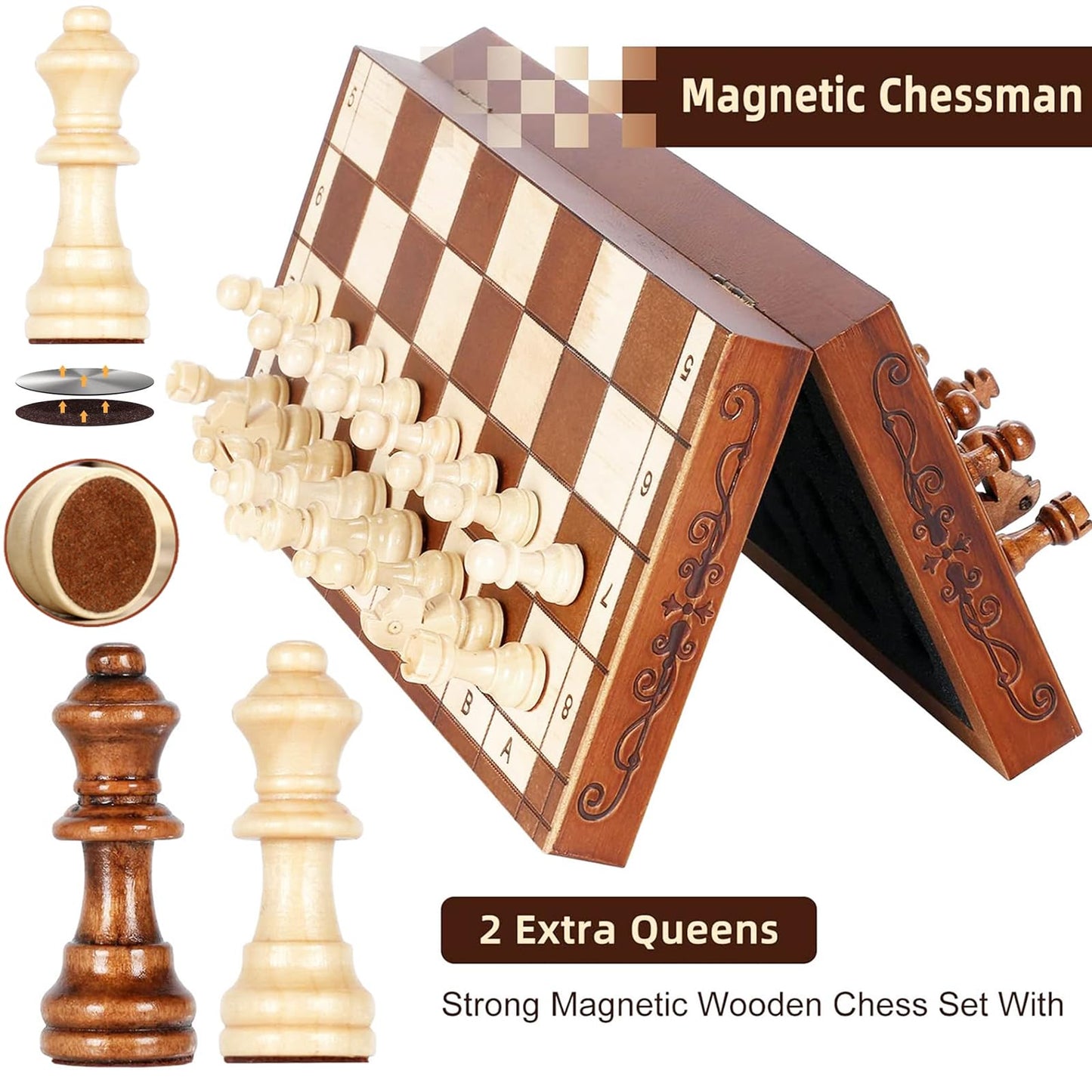 Syrace Magnetic Wooden Chess Set Board Games- Handmade Portable Travel Chess Board Game Sets with Game Pieces Storage Slots