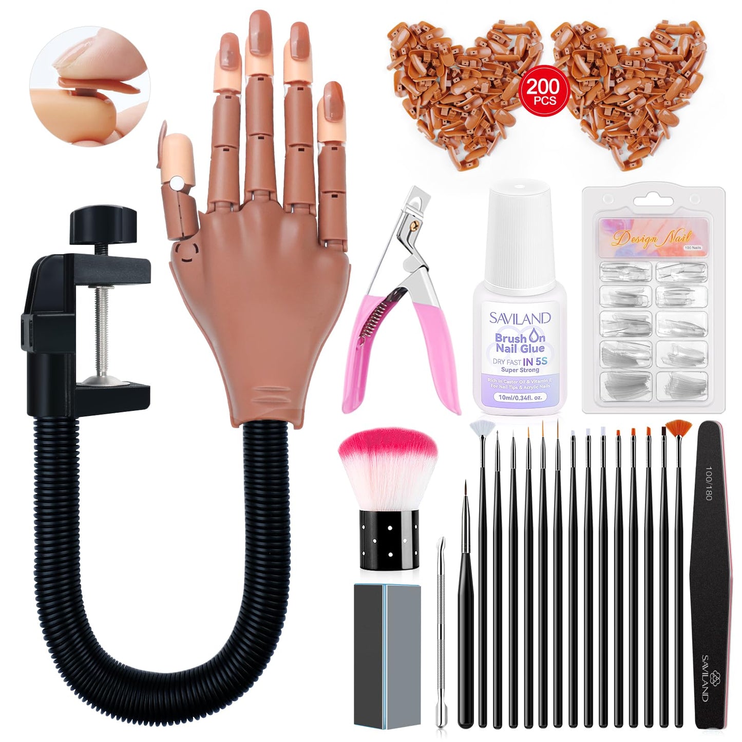 SAVILAND Nail Practice Hand for Acrylic Nails, Flexible Moveable Fake Manicure Trainng Hand Nail Kit for Beginners with Nail Tips, Nail Clipper, Nail Art Brushes, Nail Files, Home DIY