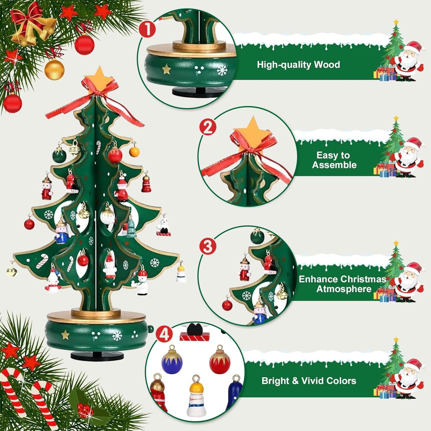 Christmas 24 Days Countdown Advent Calendar 2025, Musical Wooden Christmas Tree with Classic Music Box and 24 Pcs Snowman Santa Ornaments, Christmas Gifts