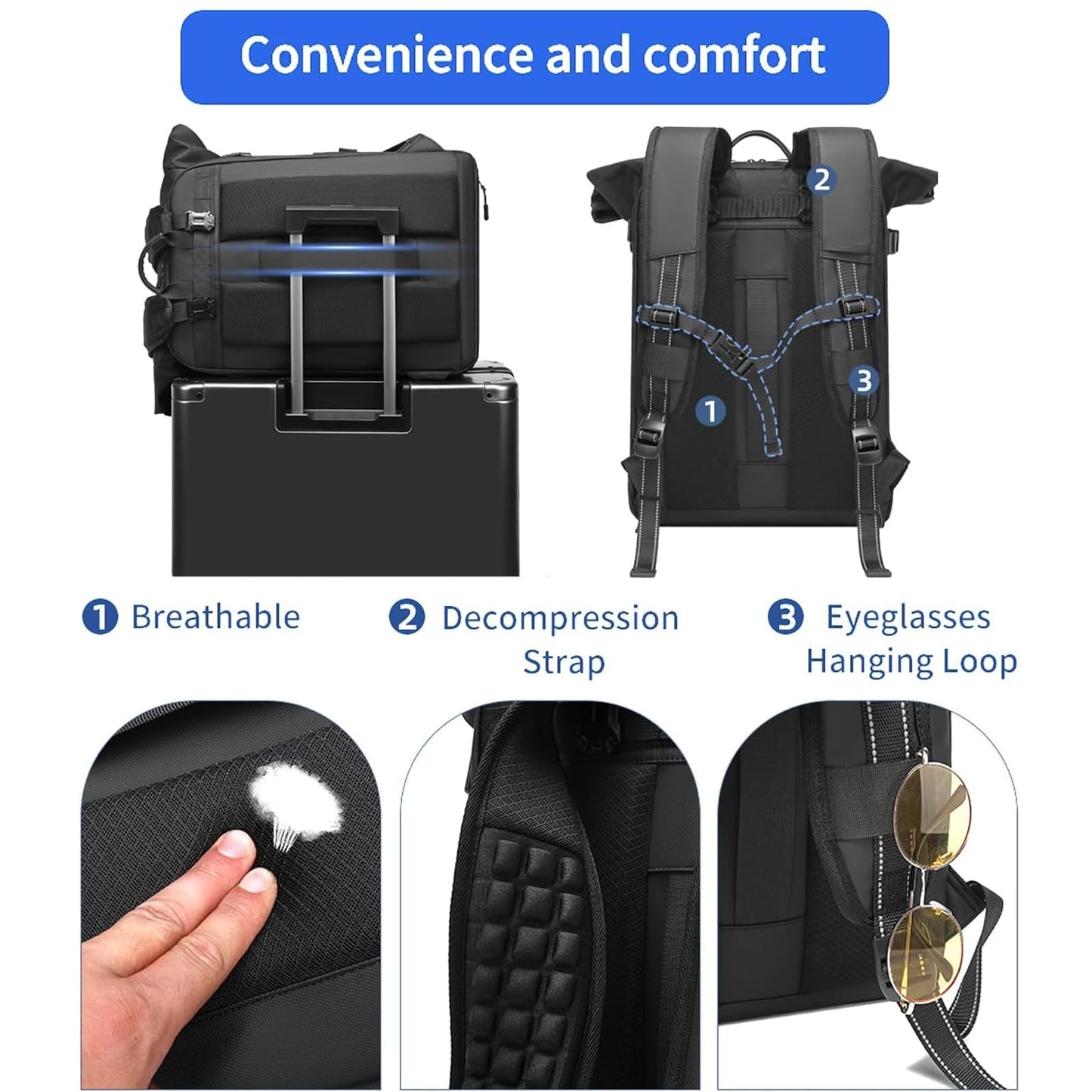 Travel Roll Top Backpack with Shoe Compartment, 17 inch Laptop Compatible, for Business, Hiking, Mountaineering, Large Capacity