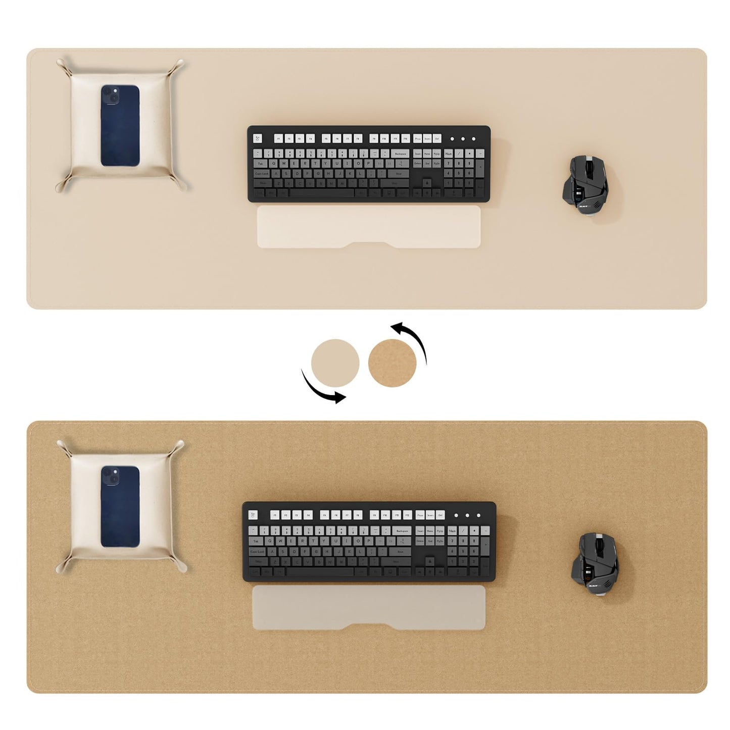 DAWNTREES Dual Sided Desk Mat,Khaki Leather Desk Pad,47.2''x23.6'',Cork Desk Mat Protector,120x60cm Extra Large Mouse Pad,Desk Writing Pad for Office and Home