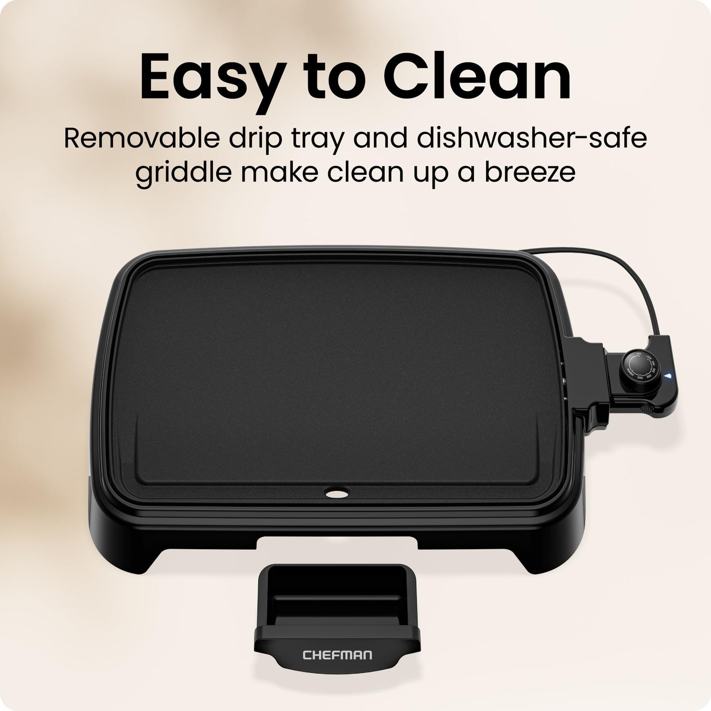 Chefman Electric Griddle with Removable Temperature Control, Immersible Flat Top Grill, Burger, Eggs, Pancake Griddle, Nonstick Easy Clean Cooking Surface, Slide Out Drip Tray, 25 x 40 CM