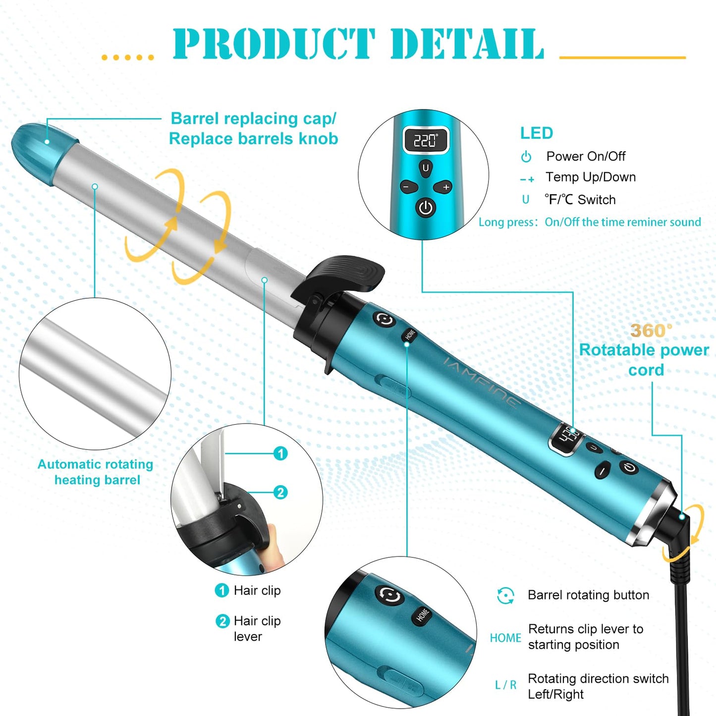 3 in 1 Auto Rotating Hair Curling Wand - IAMFINE Automatic Rotating Curling Iron with Interchangeable Ceramic Barrels(0.75", 1", 1.25"), Instant Heat Up Hair Curler, Adjustable Temp Hair Styling Tools for Beach Waves