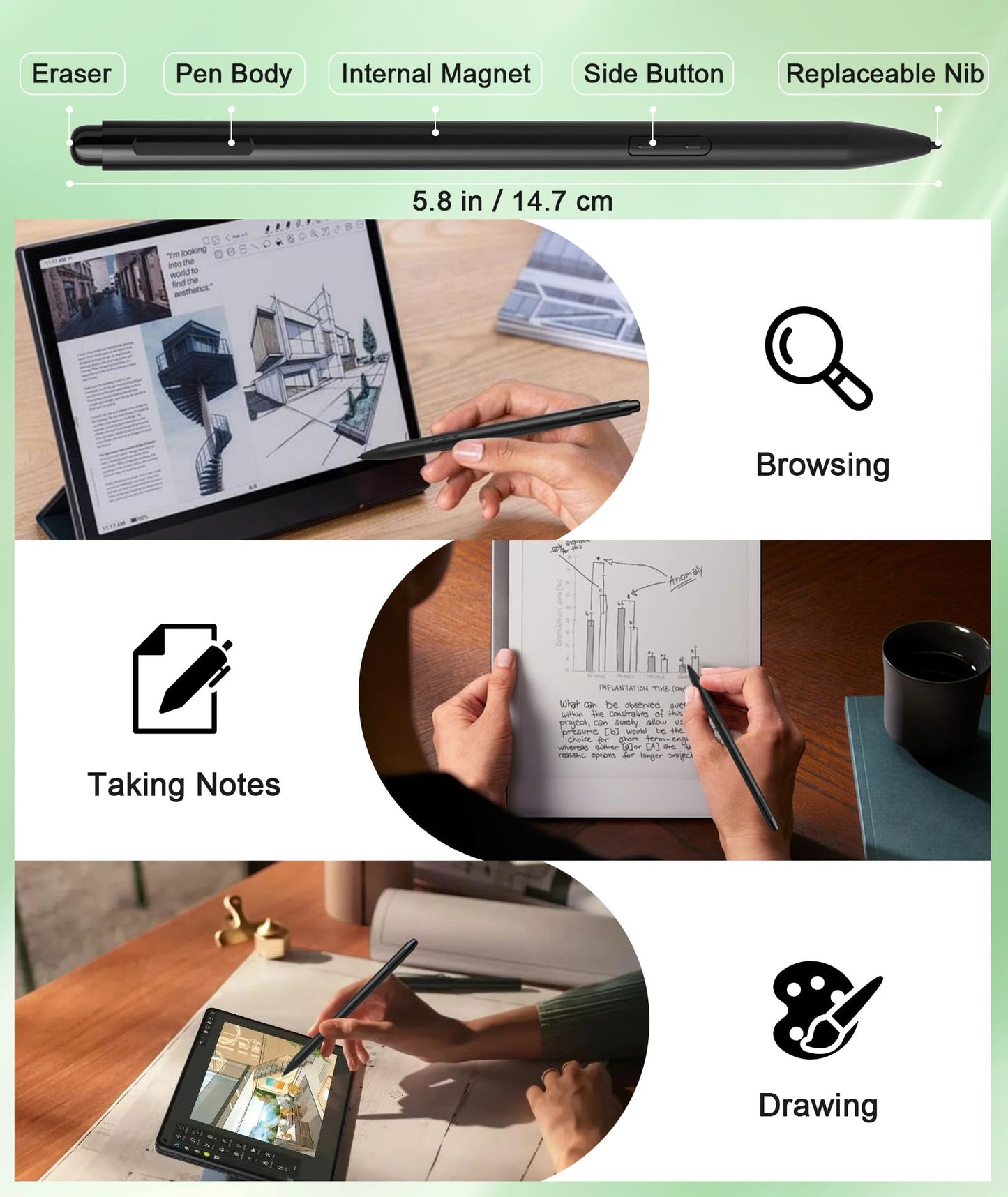 Ciscle Magnetic EMR Stylus Pen for Remarkable 2, with Eraser and 5 Pen Tips, 4096 Pressure Levels, Palm Rejection, Tilt Support, Replacement Digital Pen for Remarkable/Samsung/Wacom/Onyx EMR Devices
