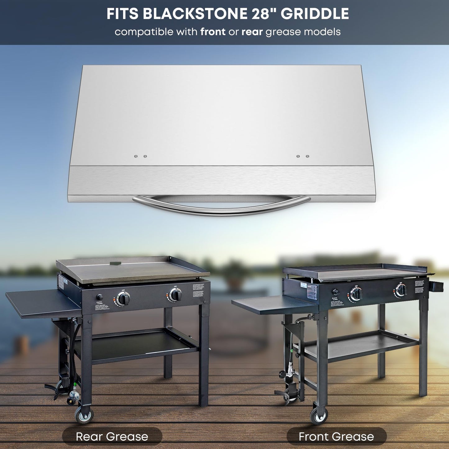 Stanbroil 28 Inch Stainless Steel Flat Top Griddle Cover with Handle for Blackstone 28” Front or Rear Grease Griddle and Other Similar Grills