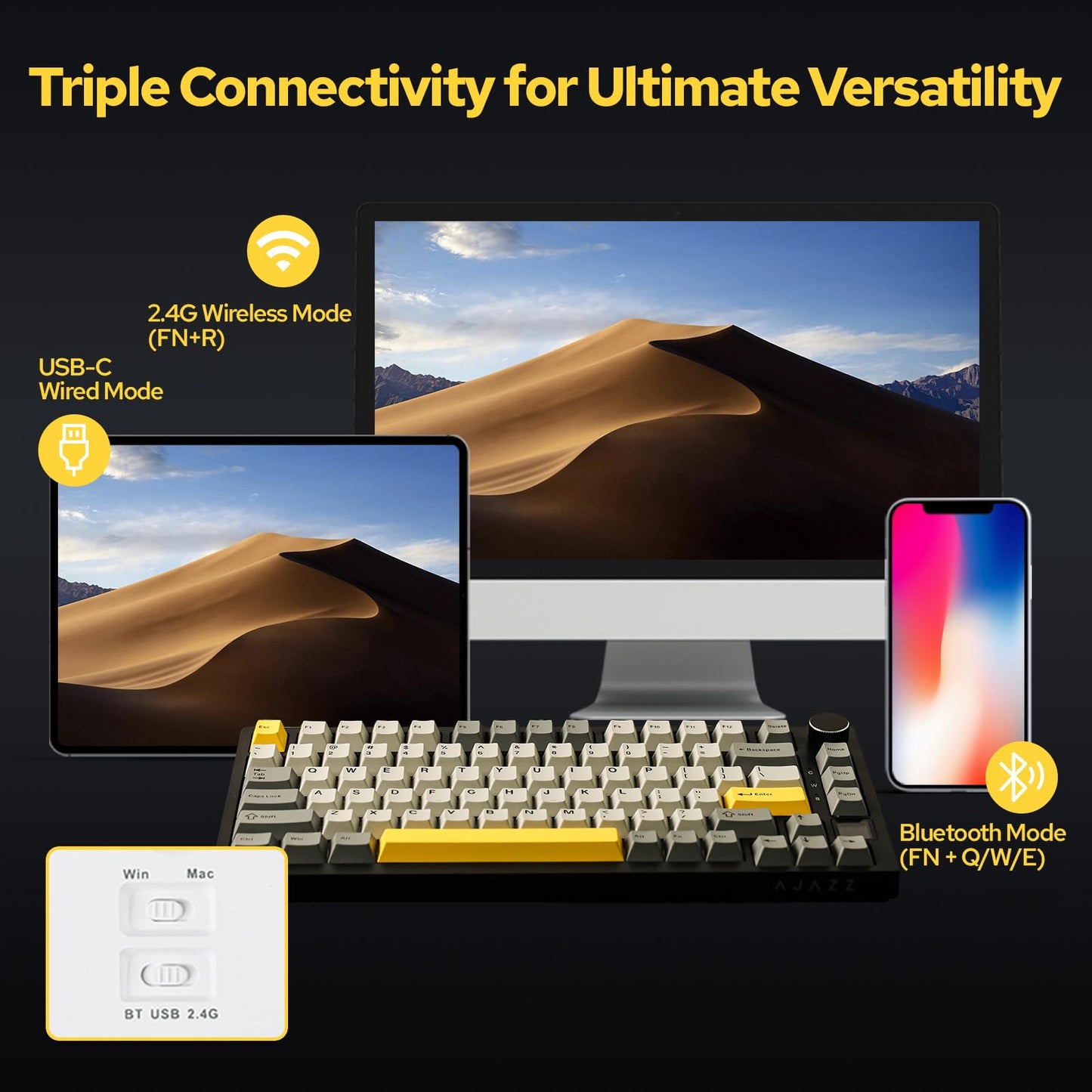 EPOMAKER Ajazz AK820 Pro 75% Gasket-Mounted Mechanical Keyboard with TFT Screen, 3 Modes(Bluetooth 5.1/2.4G Wireless & Type-C), Sound Dampening Foams, RGB (Grey, Ajazz Gift Switch)