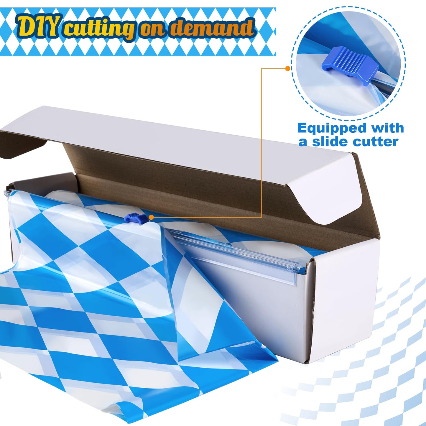 51 in x 98.5 Ft Oktoberfest Plastic Table Cloth Roll with Cutter Box,Disposable Blue and White Diamond Table Cloth,Waterproof Bavarian Flag Tablecover for German Oktoberfest Party Decorations
