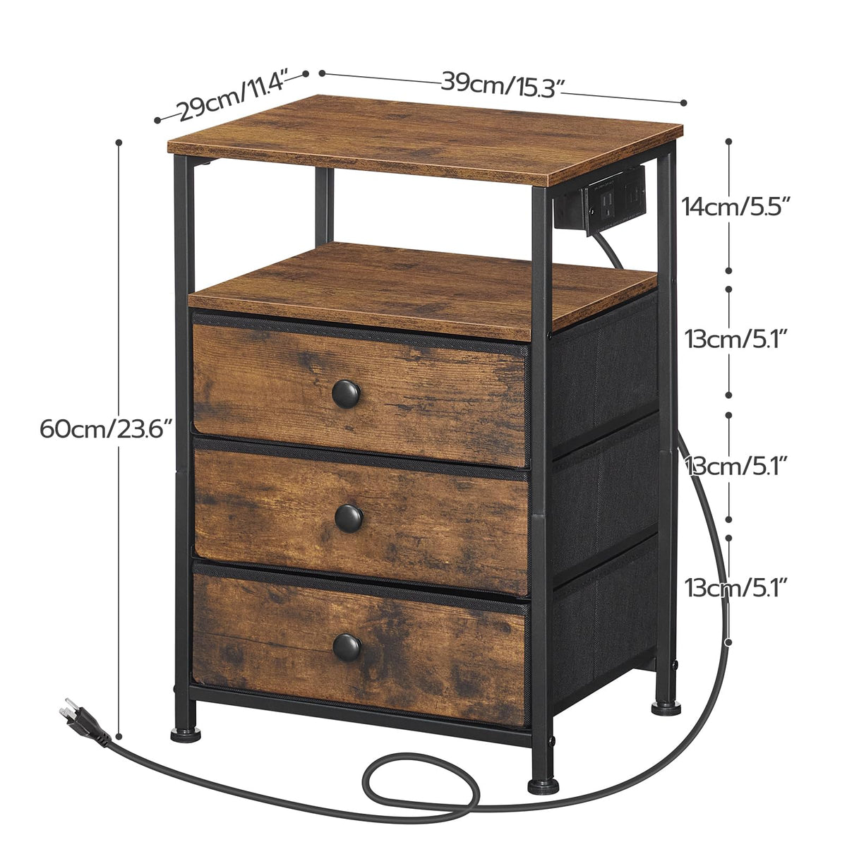 HOOBRO Bedside Table with Charging Station, Narrow Side Table with 3 Non-Woven Fabric Drawers, End Table with Open Storage, Nightstand for Small Spaces, Rustic Brown and Black BF403UBZ01